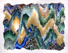 Dreidimensionales, grünes, gelbes, blaues, handgeschnittenes Seidengemälde an der Wand