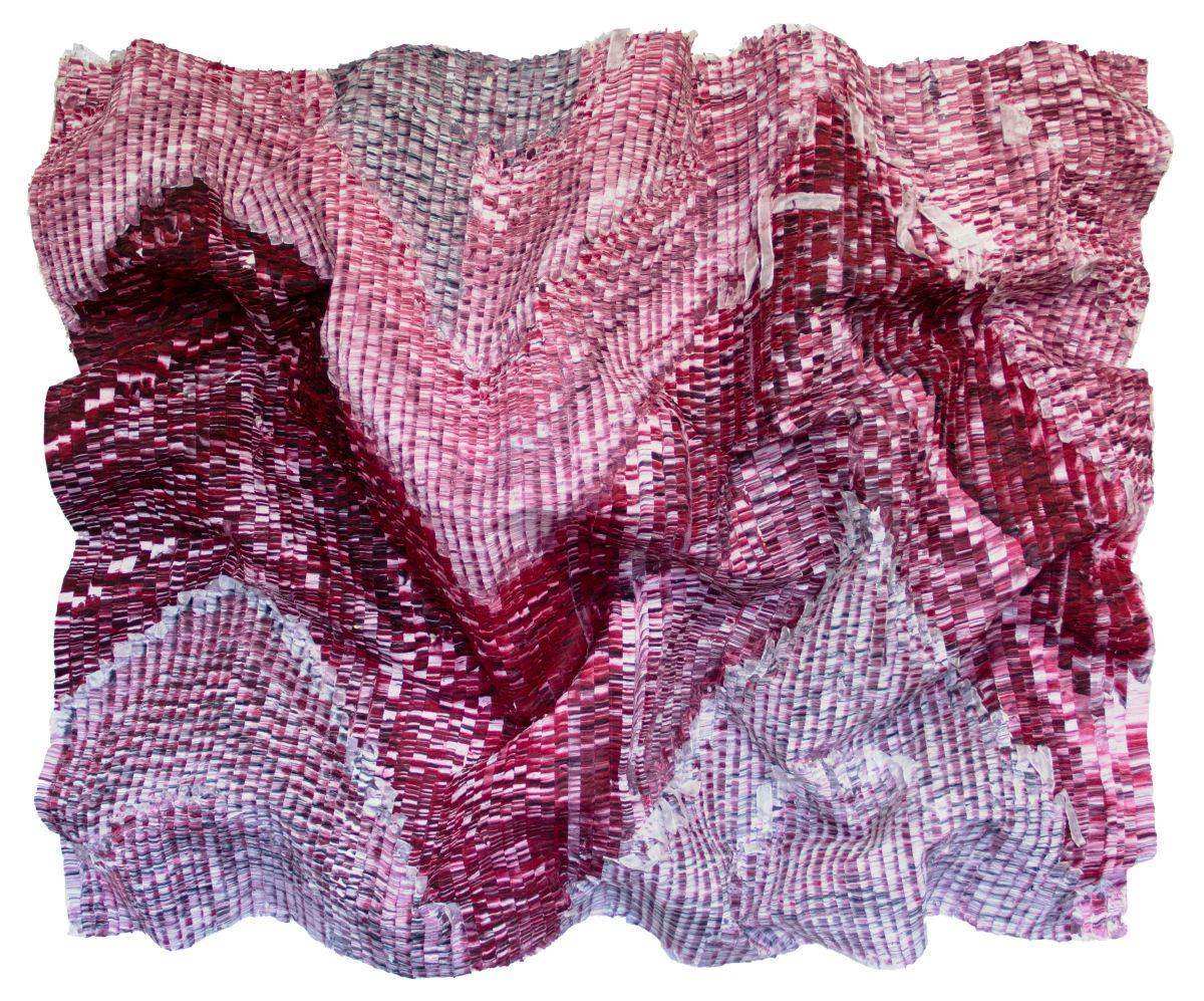 Dreidimensionales, rosa, weißes, violettes, handgeschliffenes Seidengemälde an der Wand montiert