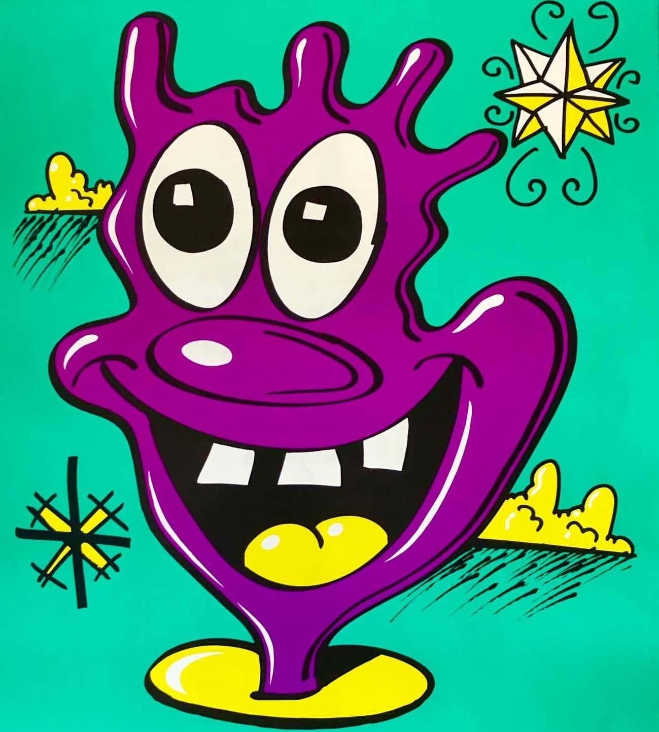 Kenny Scharf at Tony Shafrazi New York 1984:
Fun, cool, vibrant original pop art without breaking the bank...Original Kenny Scharf off-set illustrated exhibition poster published by Tony Shafrazi Gallery, New York, 1984.

Medium: Off Set Lithograph