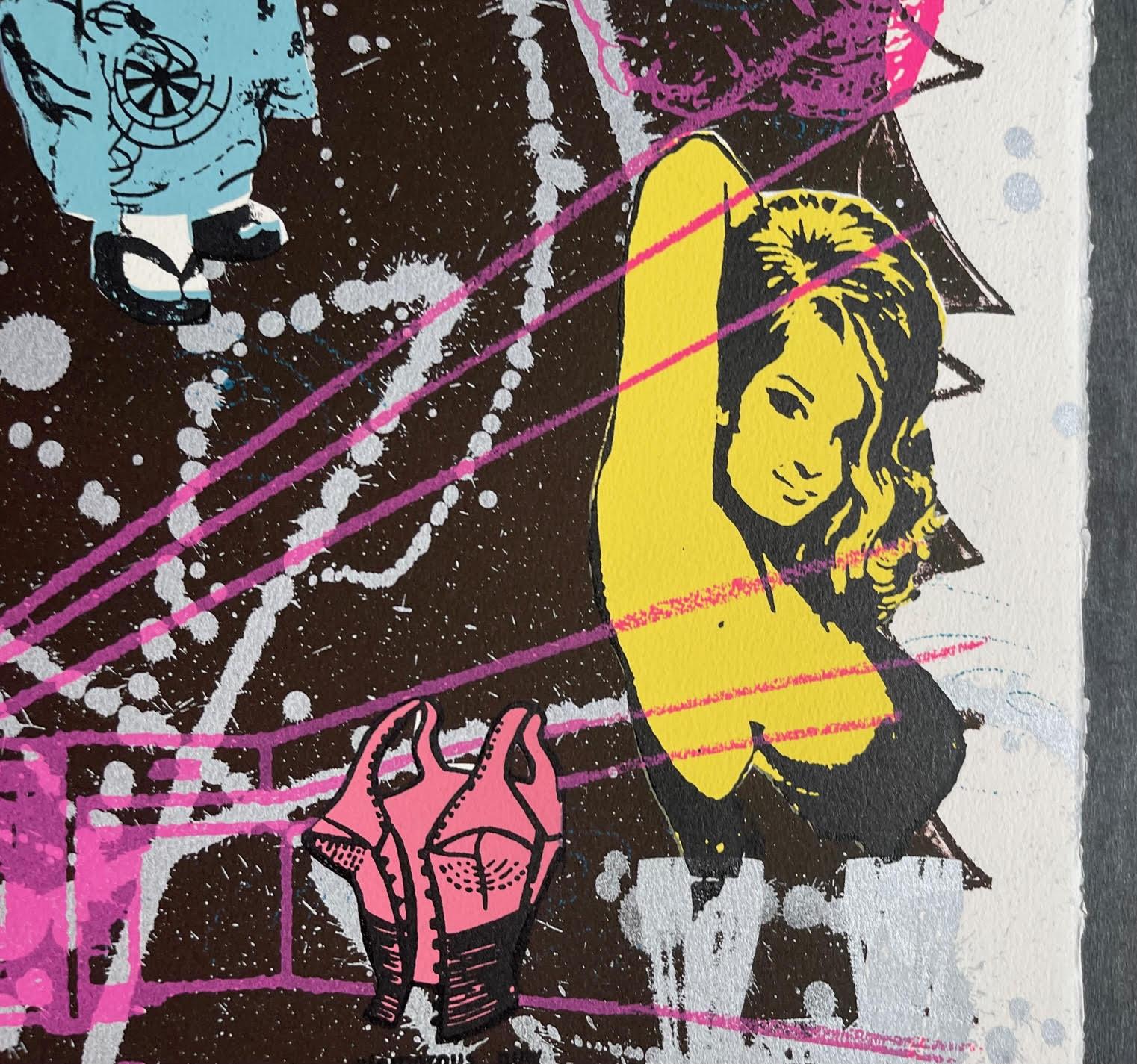 Kenny Scharf
Böse Mädchen, 1989
Lithographie mit 9 Farben und 10 Platten auf Velin Arches Blanc Papier
Handsigniert und nummeriert PP von Kenny Scharf auf der Vorderseite
Ungerahmt: Das Werk wurde aus seinem Vintage-Rahmen aus den 1980er Jahren