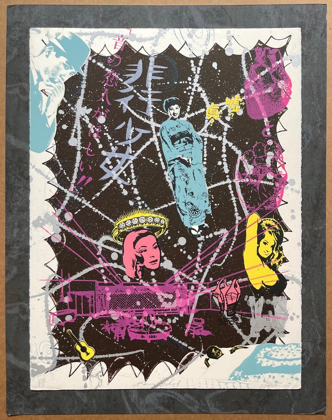 Kenny Scharf
Bad Girls, 1989
Lithograph done with 9 colors and 10 plates on Velin Arches Blanc paper
Hand signed and numbered PP by Kenny Scharf on the front
Unframed: the work was removed from its vintage 1980s frame, so it is affixed to dark