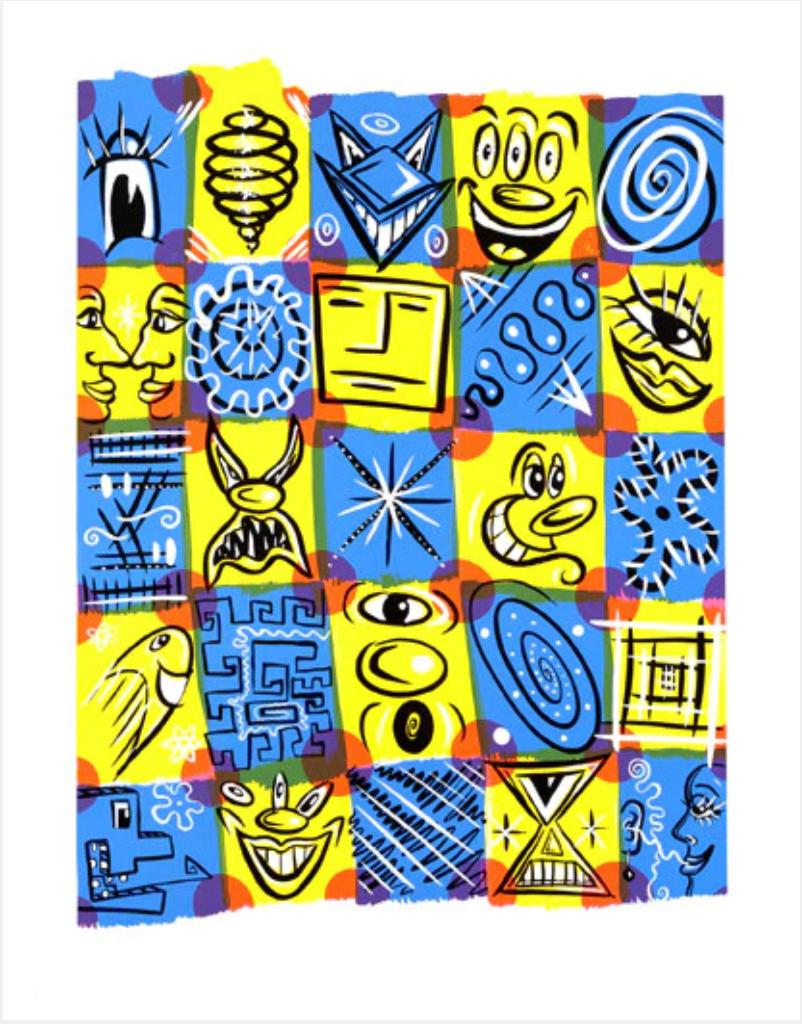 Kenny Scharf Print - Check Fest print by Kenny Scarf, 1999 (blue and yellow pop surrealism)