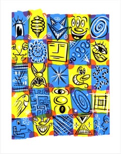 Check Fest print by Kenny Scarf, 1999 (blue and yellow pop surrealism)