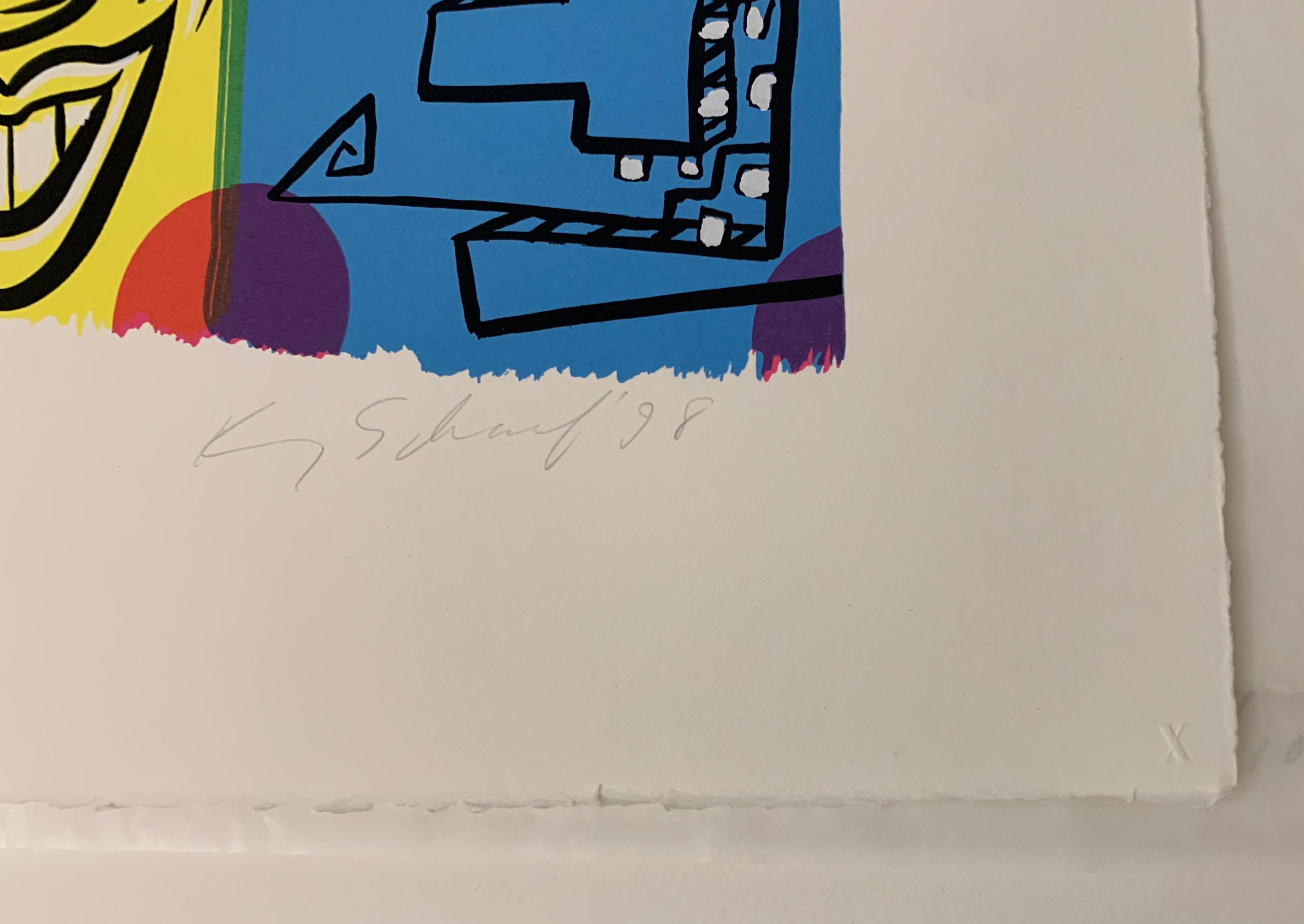 Impression Check Fest de Kenny Scarf, 1999 (réalisme pop bleu et jaune) - Pop Art Print par Kenny Scharf