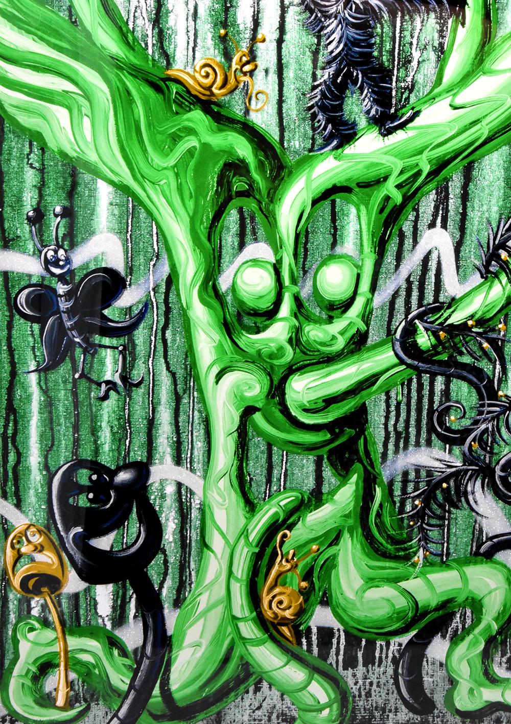 Kenny Scharf Furungle 4, 2021 is a vibrant and whimsical composition rendered in tones of yellow, green and black. In the foreground, an enchanted tree sits on the left side of the composition looking forward towards the scene before him. Rendered