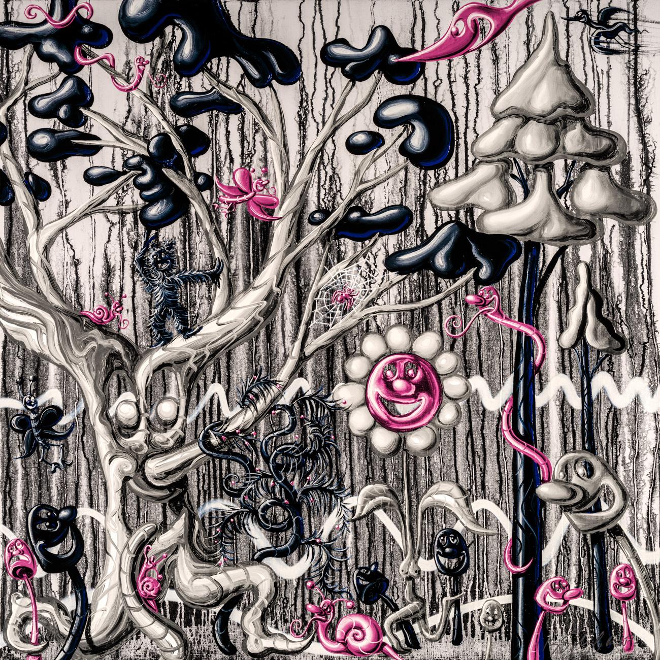 Furungle X 6 Black, Pop Art, Pink Flowers Diamond Dust - Print by Kenny Scharf