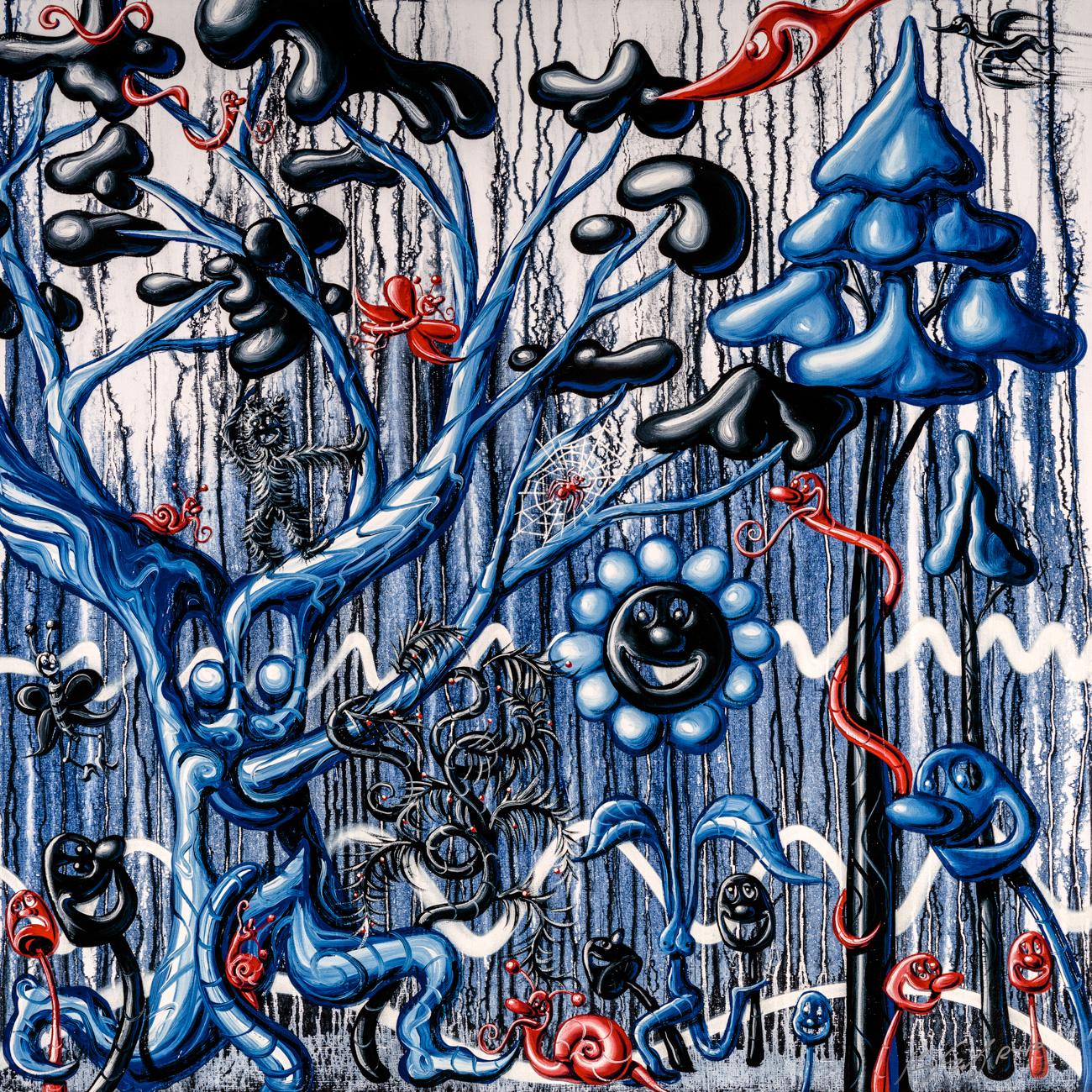 Furungle X 6 Blue, Red Black, Pop Art,  Flowers Diamond Dust - Print by Kenny Scharf