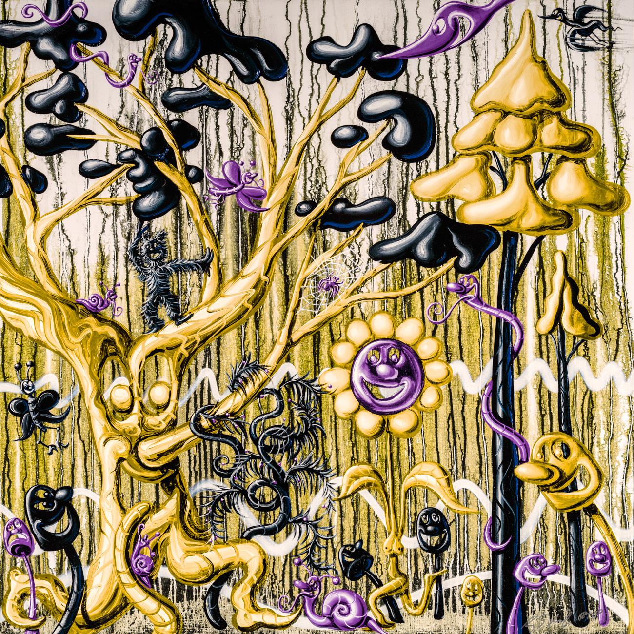 Furungle X 6 Gold Purple Black, Pop Art,  Flowers Diamond Dust - Print by Kenny Scharf