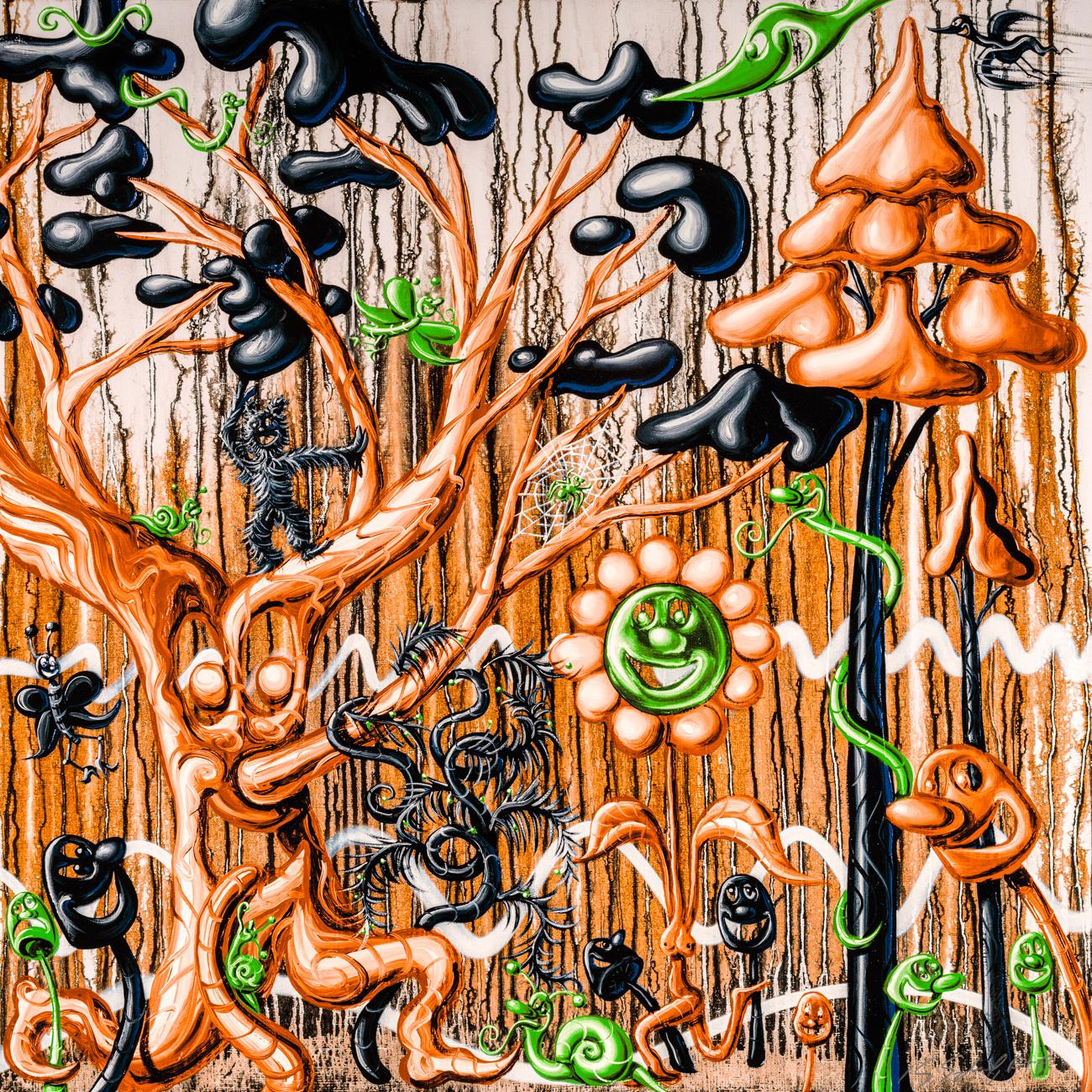 Furungle X 6 Orange Green Black, Pop Art,  Flowers Diamond Dust - Print by Kenny Scharf