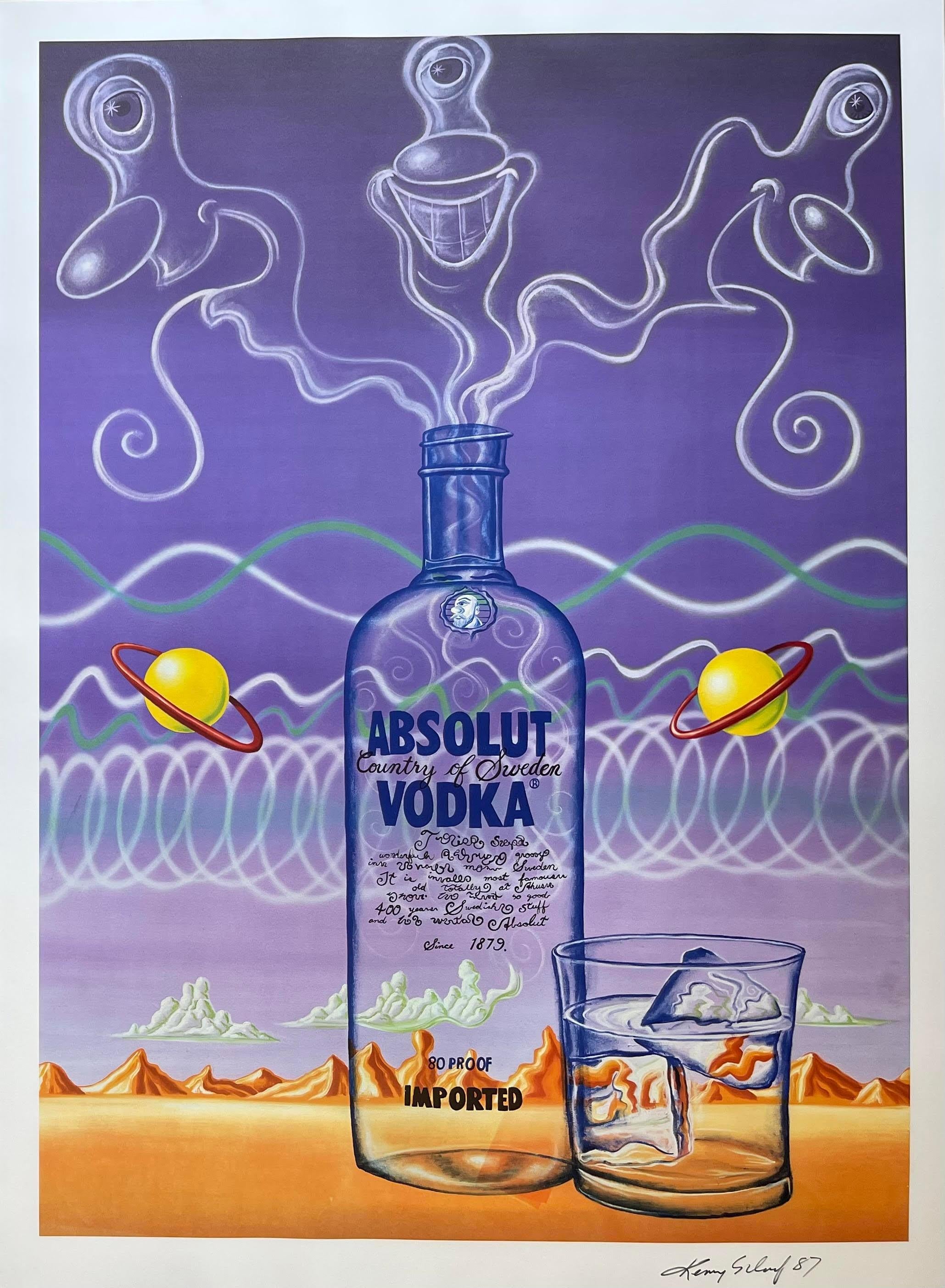 Kenny Scharf
Absolut Scharf for Absolut Vodka, 1987
Lithograph with offset lettering in colors on wove paper
Hand signed and dated by artist on lower right front
Limited Edition of 200 (unnumbered)
Published by Absolute Americana Art Gallery, St.