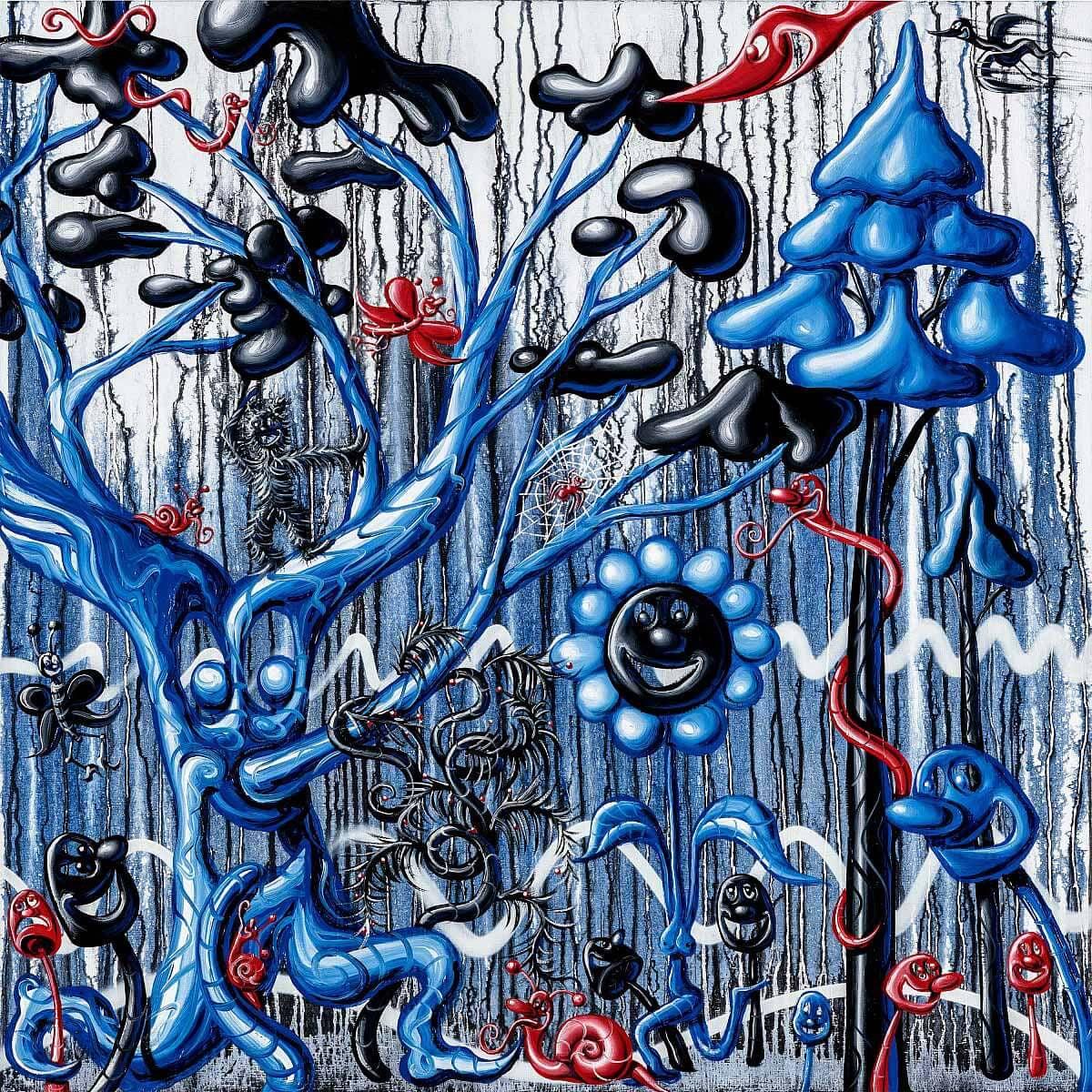 Artist: Kenny Scharf
Title: Furungle Blue
Medium: Archival pigment ink print with silkscreened high gloss varnish and diamond dust on Innova Etching Cotton Rag 315 gsm fine art paper
Date: 2021
Edition: PP 2/6
Sheet Size: 42" x 42"
Signature: Hand