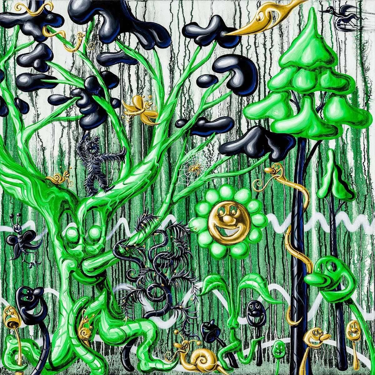 Artist: Kenny Scharf
Title: Furungle Green
Medium: Archival pigment ink print with silkscreened high gloss varnish and diamond dust on Innova Etching Cotton Rag 315 gsm fine art paper
Date: 2021
Edition: PP 2/6
Sheet Size: 42" x 42"
Signature: Hand