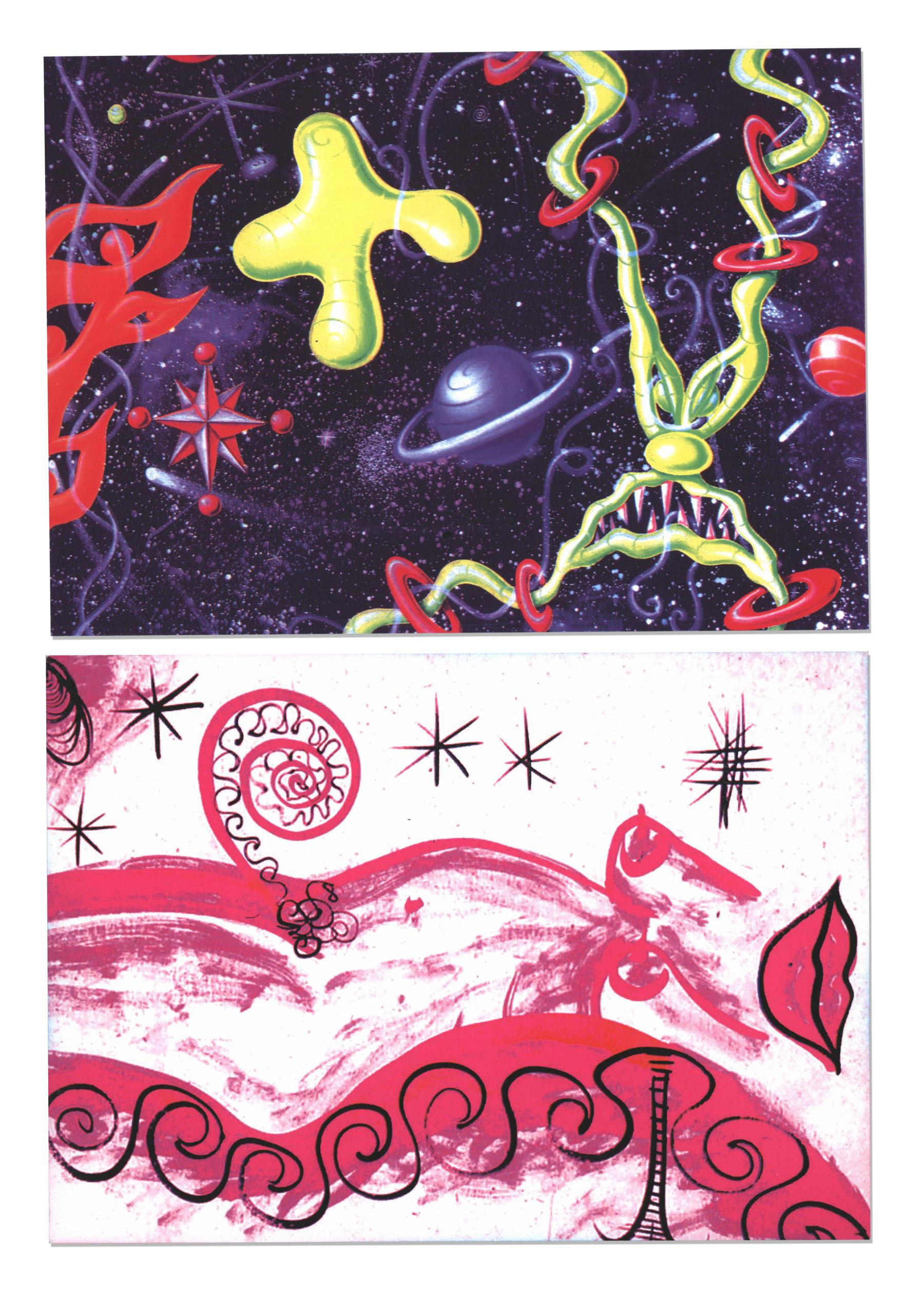 Kenny Scharf Cosmic Tavern:
A set of 2 rare 1990s announcement cards designed by Scharf on the occasion(s) of the grand-opening of the Kenny Scharf Cosmic Tavern - a VIP room designed by Scharf for the legendary New York nightclub, The Tunnel.