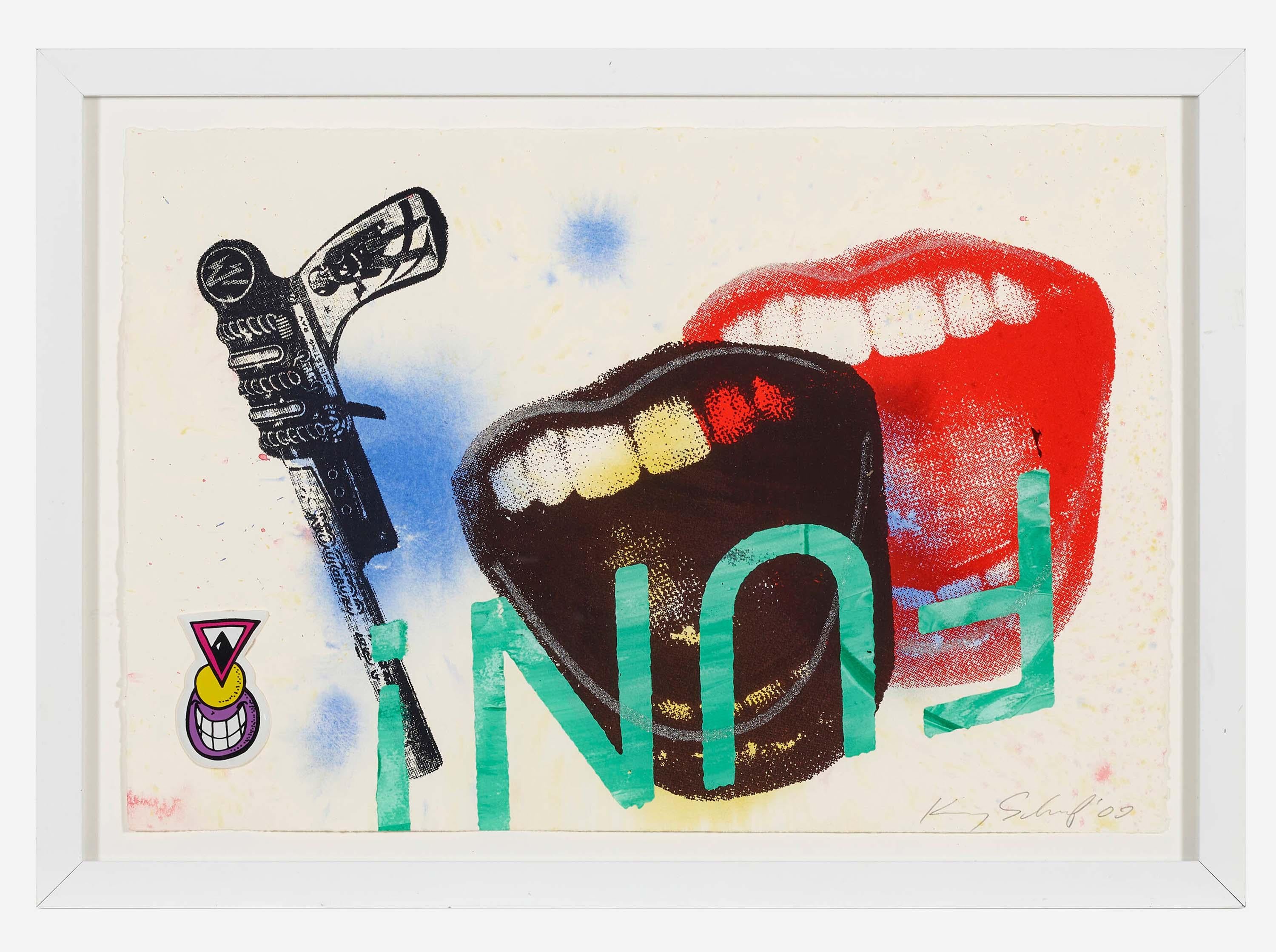 Kenny Scharf "Fun" 2009 :
Œuvre très décorative de Kenny Scharf de 2009, utilisant la sérigraphie et l'acrylique - signée par l'artiste en bas à droite. Encadré. 

Collage mixte sur papier Arches. 
14 h × 23 w in (36 × 58 cm). Une pièce unique. L'un