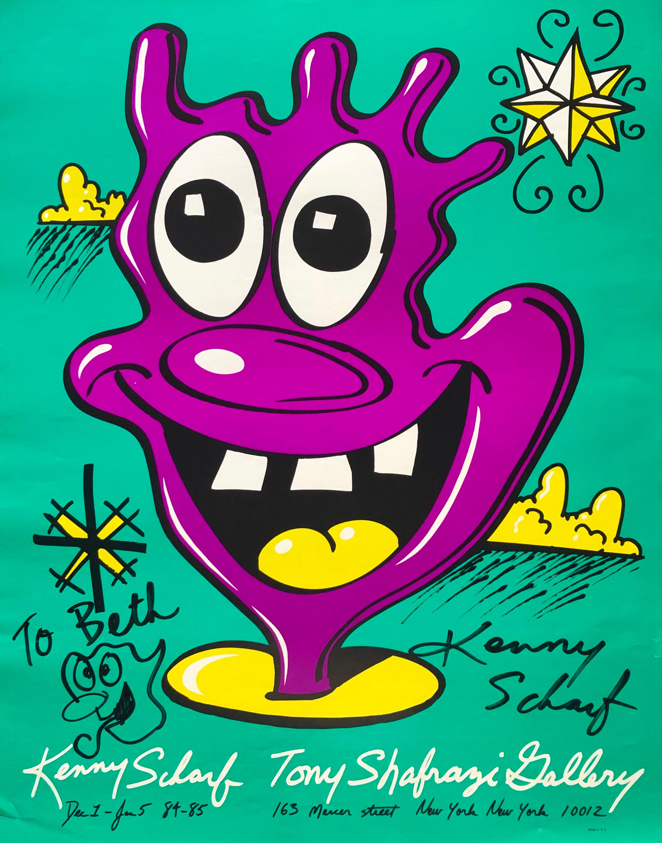 Signed 1984 Kenny Scharf Tony Shafrazi exhibition poster, featuring hand illustrated drawing (lower left). 

Medium: Off Set Lithograph printed in colors. 
Dimensions: 29 x 23 inches.
Hand signed by Scharf on the lower right; annotated on lower left
