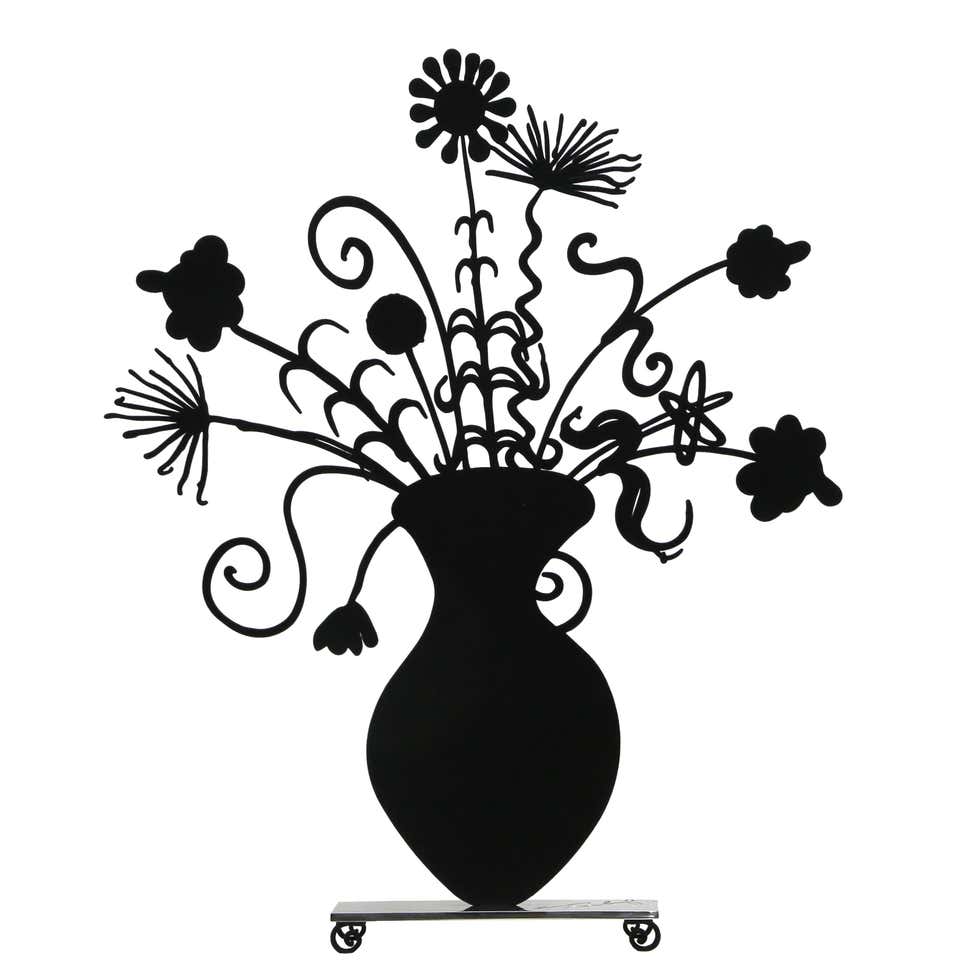 Flores Black, Pop Art Flocked Metal Sculpture by Kenny Scharf