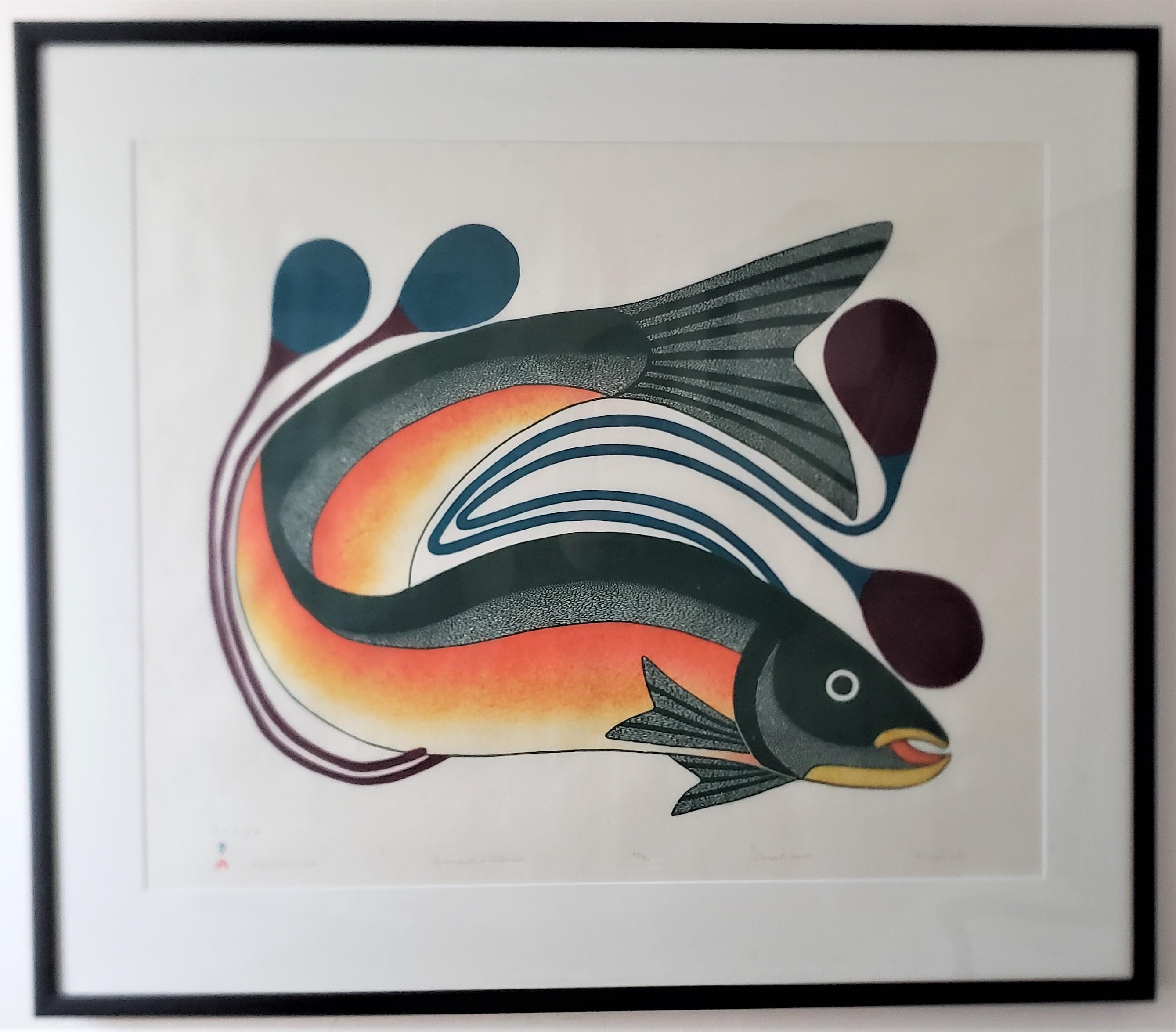 This large hand-crafted and numbered print was done by the very well known Inuit artist Kenojuak Ashevak of Cape Dorset Canada in 2005 in her signature style. This very colorful stone cut and stencil print is titled 