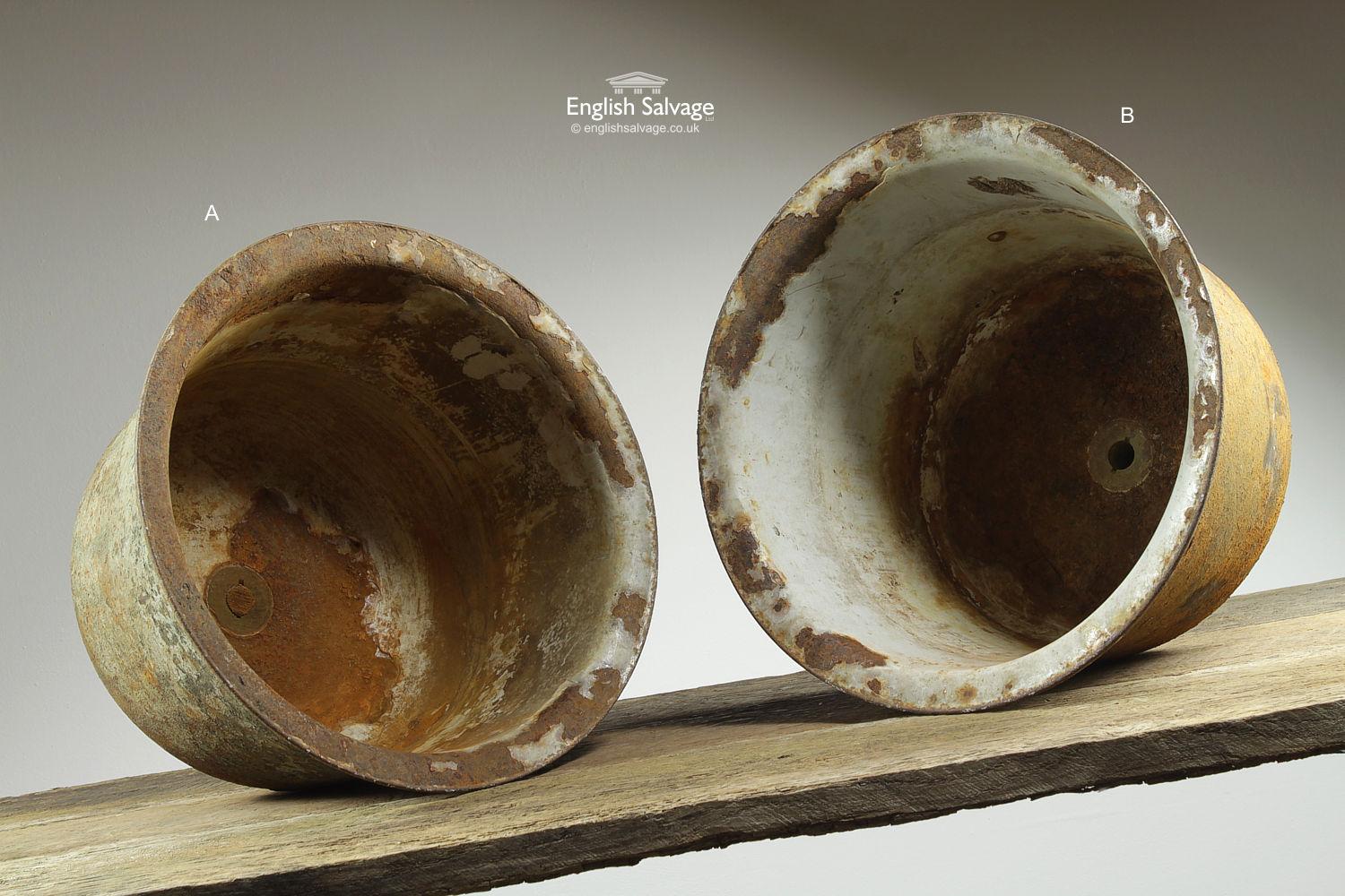 Antique cast iron enameled pots, both marked A Kenrick & Sons to the bases. The measurements shown are the maximum or external, the pots are 27.5cm high minus bottom pipe fitting and they measure 34cm diameter internally.

Surface rust throughout