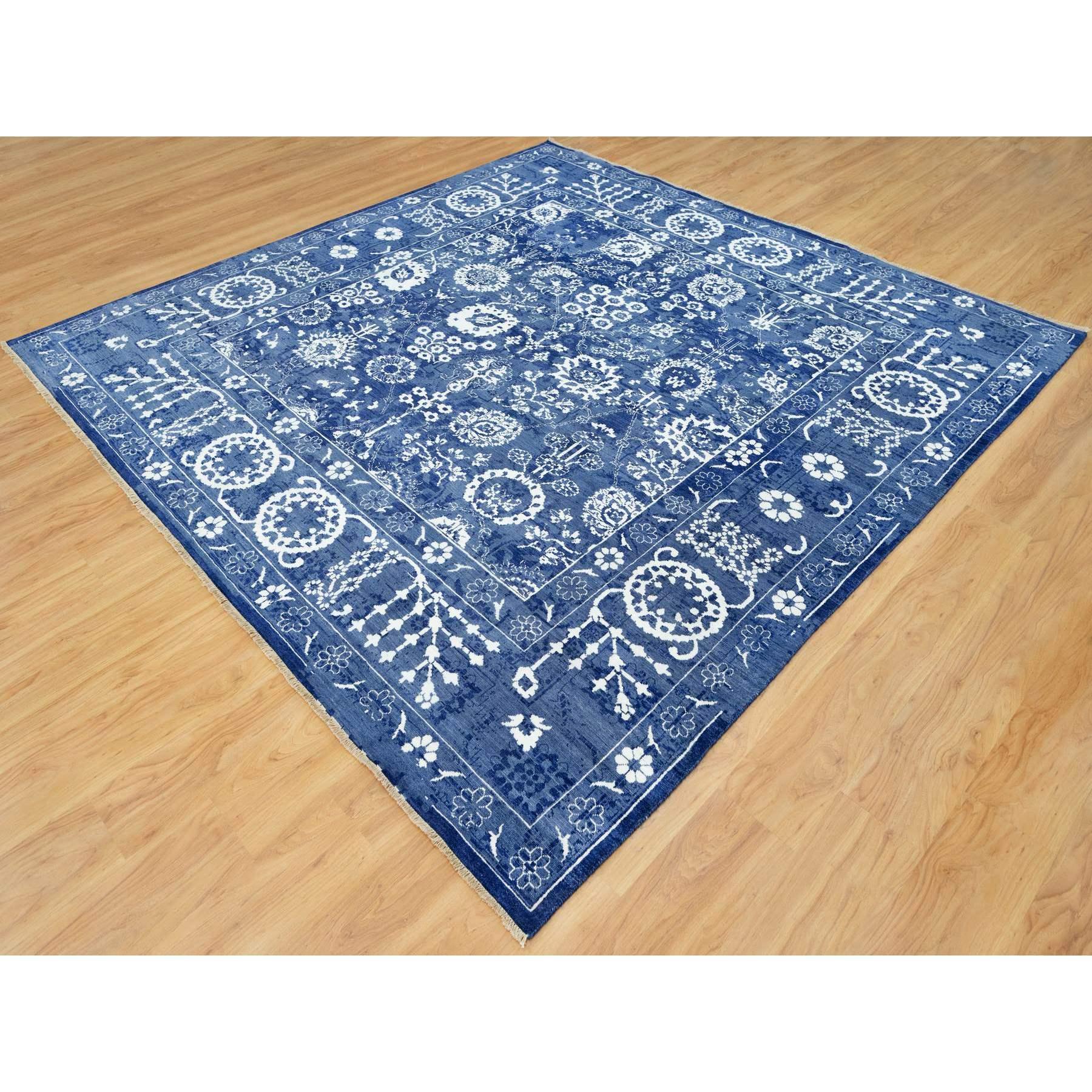 Indiano Kensington Blue Tappeto quadrato orientale in lana e seta Tabriz annodato a mano 10' x 10' in vendita