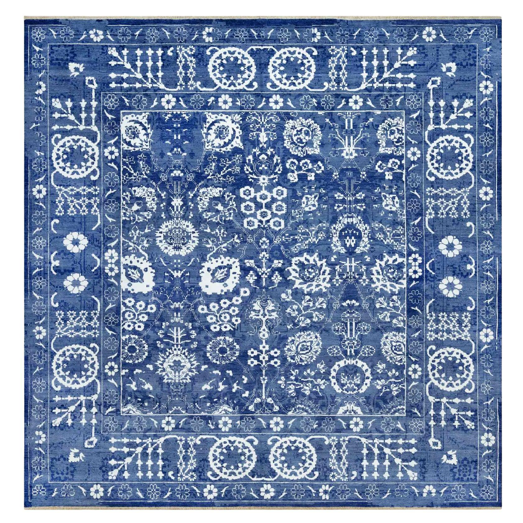 Kensington Blue Hand Knotted Tabriz Wool and Silk Oriental Square Rug 10' x 10'