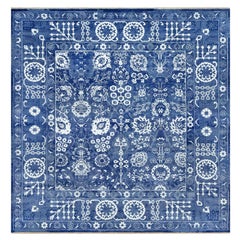 Tapis carré oriental Kensington bleu noué à la main Tabriz en laine et soie 10' x 10'