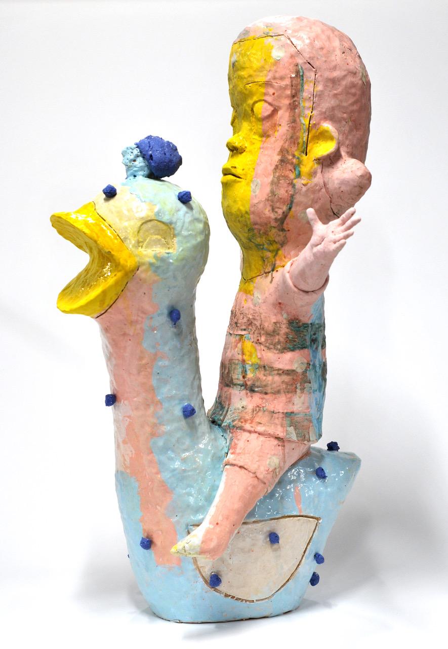 Kensuke Yamada Figurative Sculpture - "Bird Rider", Contemporary, Figurative, Ceramic, Sculpture, Colorful, Glaze 