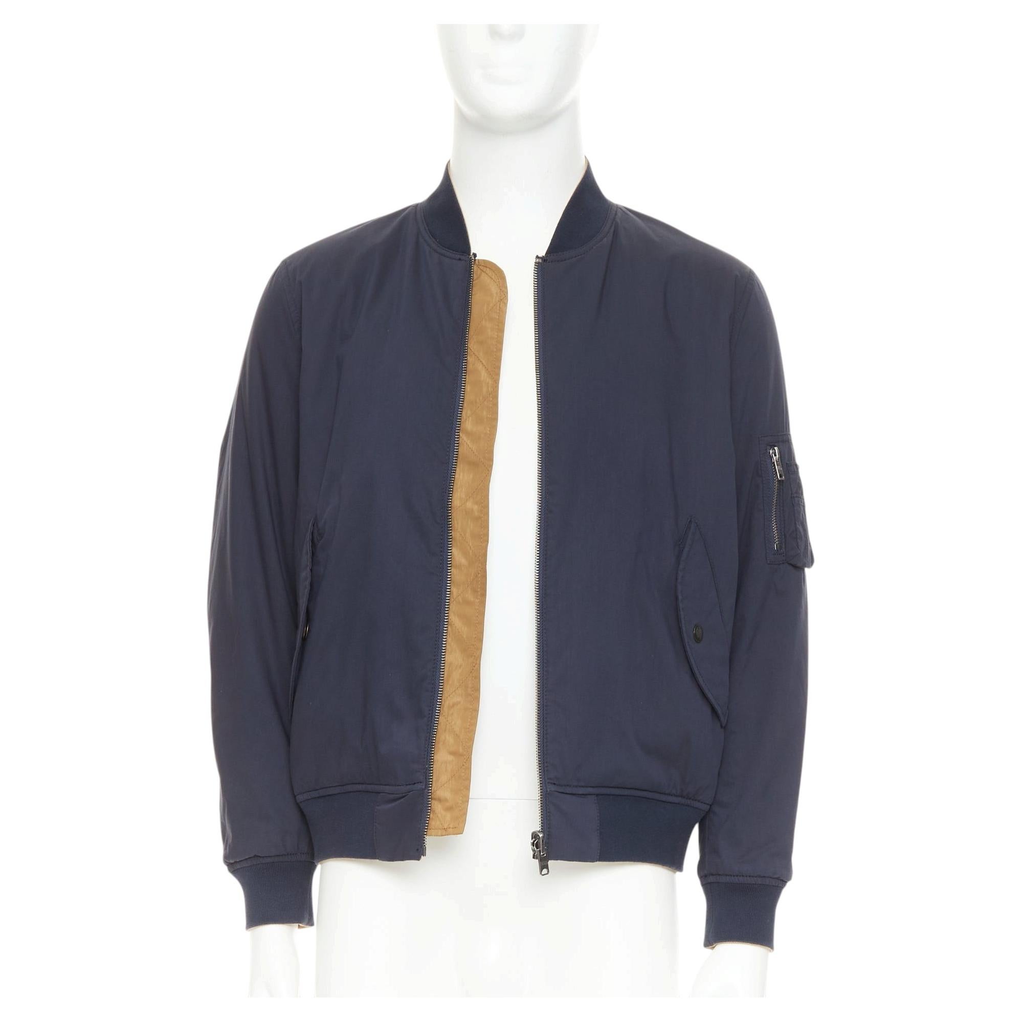 KENT AND CURWEN Reversible navy brown cotton blend zip up bomber jacket M For Sale
