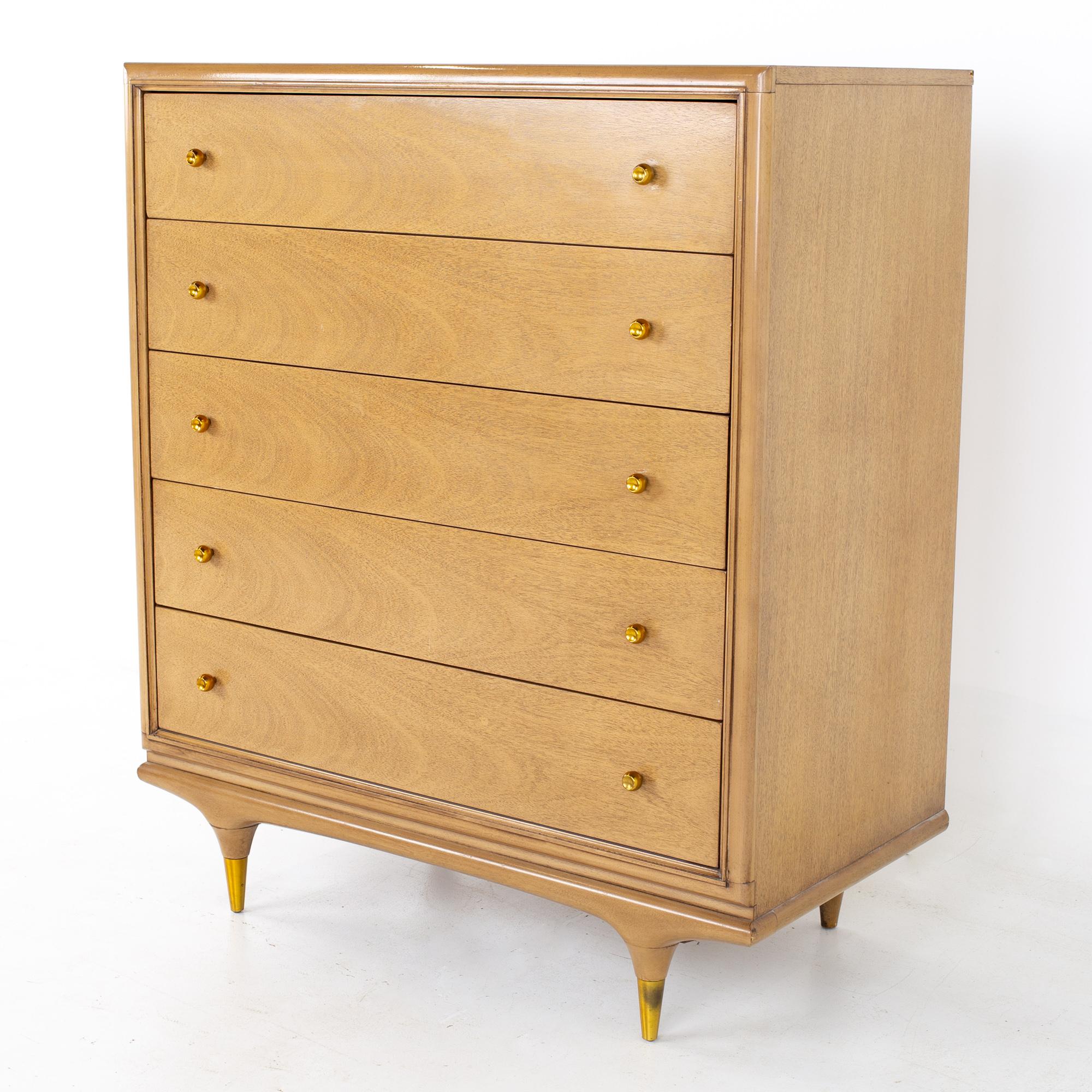 Kent Coffey Continental mid century 5 drawer highboy dresser.
Dresser measures: 40 wide x 21 deep x 47.25 inches high

All pieces of furniture can be had in what we call restored vintage condition. That means the piece is restored upon purchase
