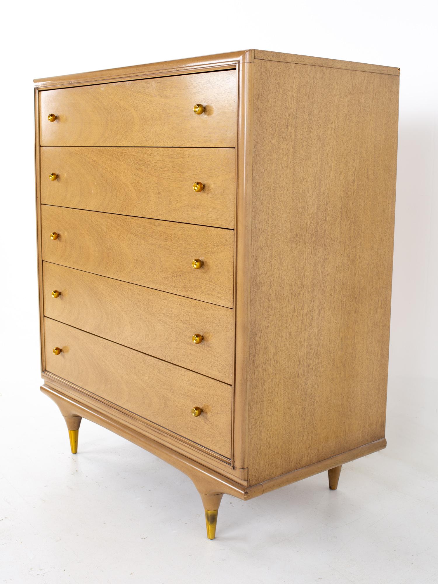 American Kent Coffey Continental Mid Century 5 Drawer Highboy Dresser