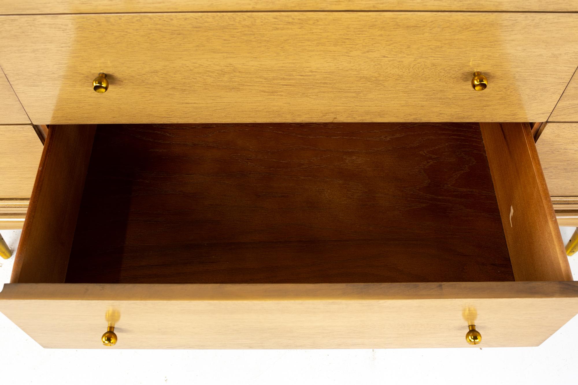 Kent Coffey Continental Mid Century Walnut and Brass 9 Drawer Lowboy Dresser 4