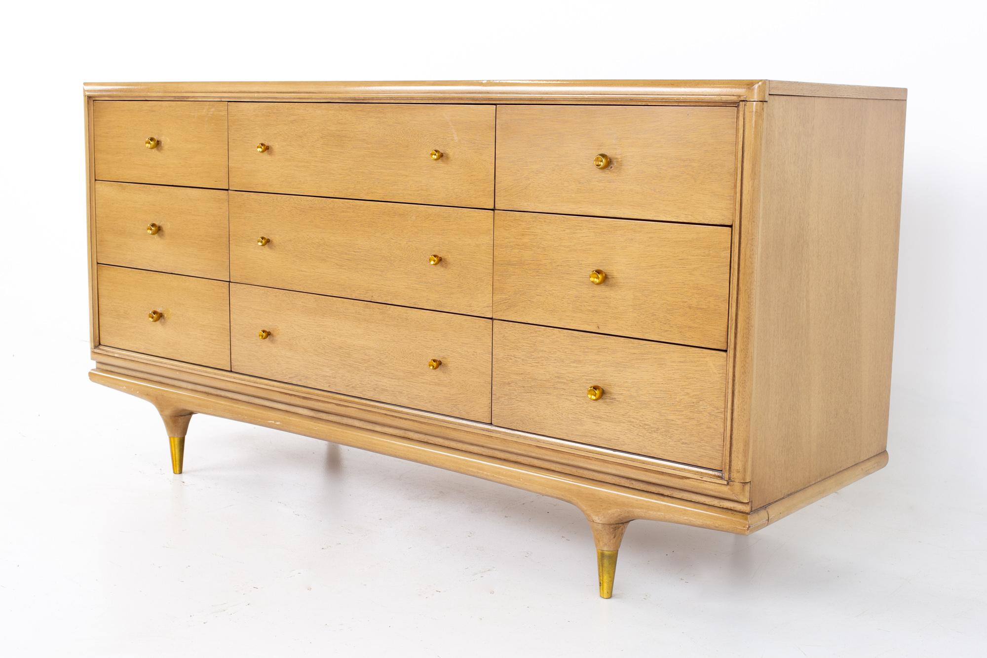 Kent Coffey Continental mid century walnut and brass 9 drawer lowboy dresser
Dresser measures: 64 wide x 21 deep x 32.75 inches high

All pieces of furniture can be had in what we call restored vintage condition. That means the piece is restored