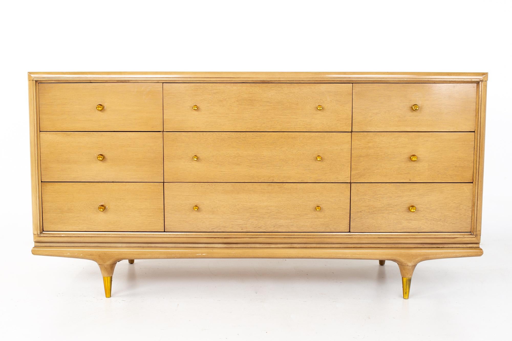 Kent Coffey Continental mid century walnut and brass 9 drawer lowboy dresser

Dresser measures: 64 wide x 21 deep x 33 inches high

All pieces of furniture can be had in what we call restored vintage condition. That means the piece is restored upon