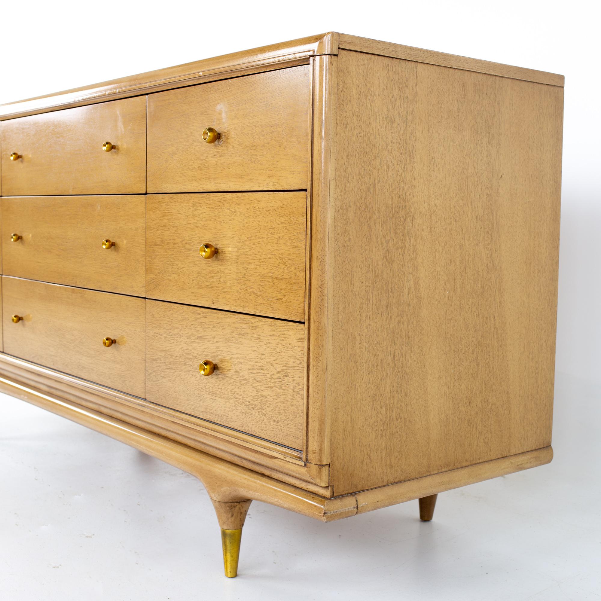American Kent Coffey Continental Mid Century Walnut and Brass 9 Drawer Lowboy Dresser