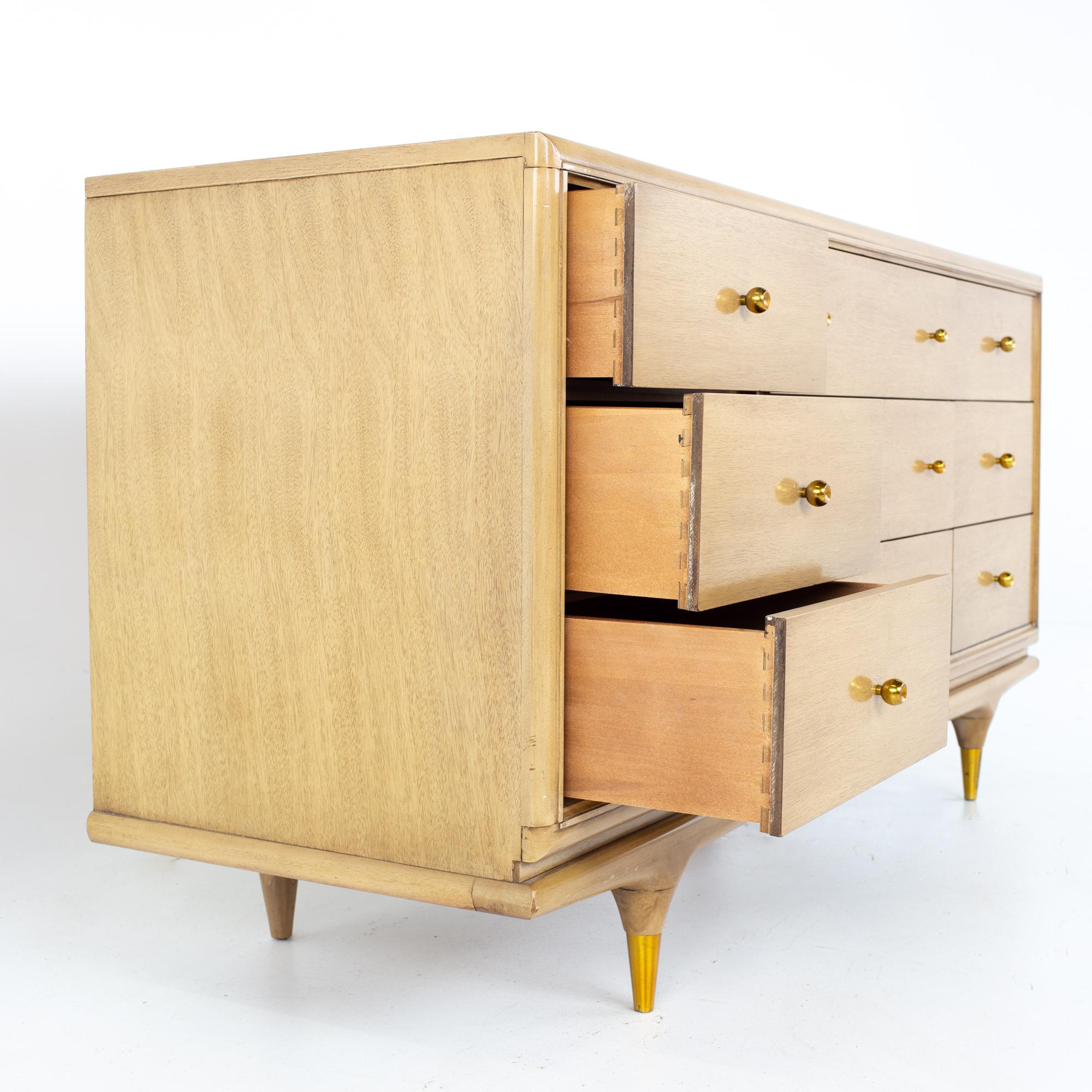 Kent Coffey Continental Mid Century Walnut and Brass 9 Drawer Lowboy Dresser 1