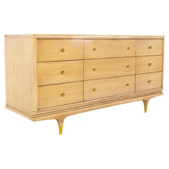 Kent Coffey Continental Mid Century Walnut and Brass 9 Drawer Lowboy Dresser