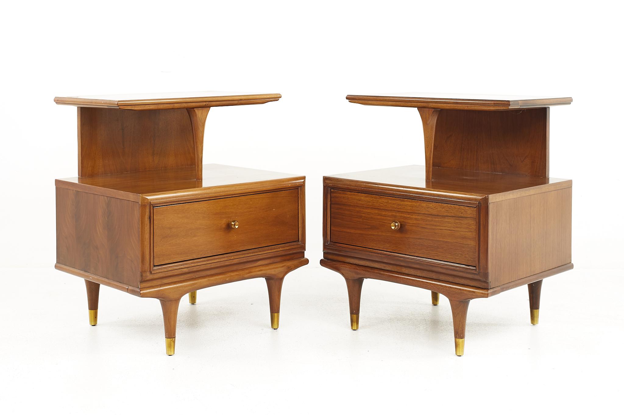 Kent Coffey continental mid century walnut nightstand - a pair.

Each nightstand measures: 22 wide x 18 deep x 26.5 inches high.

All pieces of furniture can be had in what we call restored vintage condition. That means the piece is restored