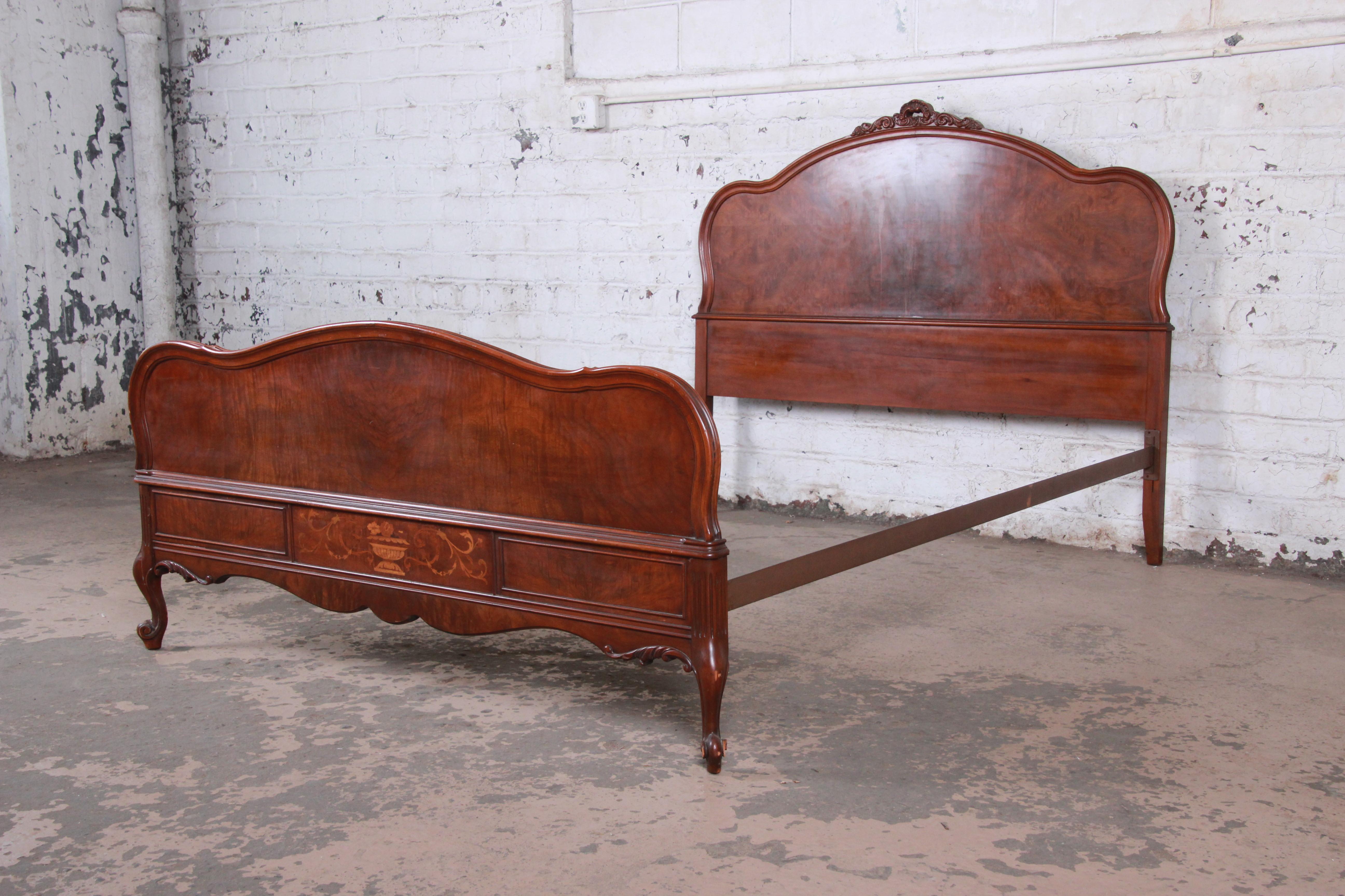 American Kent Coffey French Provincial Louis XV Style Inlaid Burled Walnut Full Size Bed
