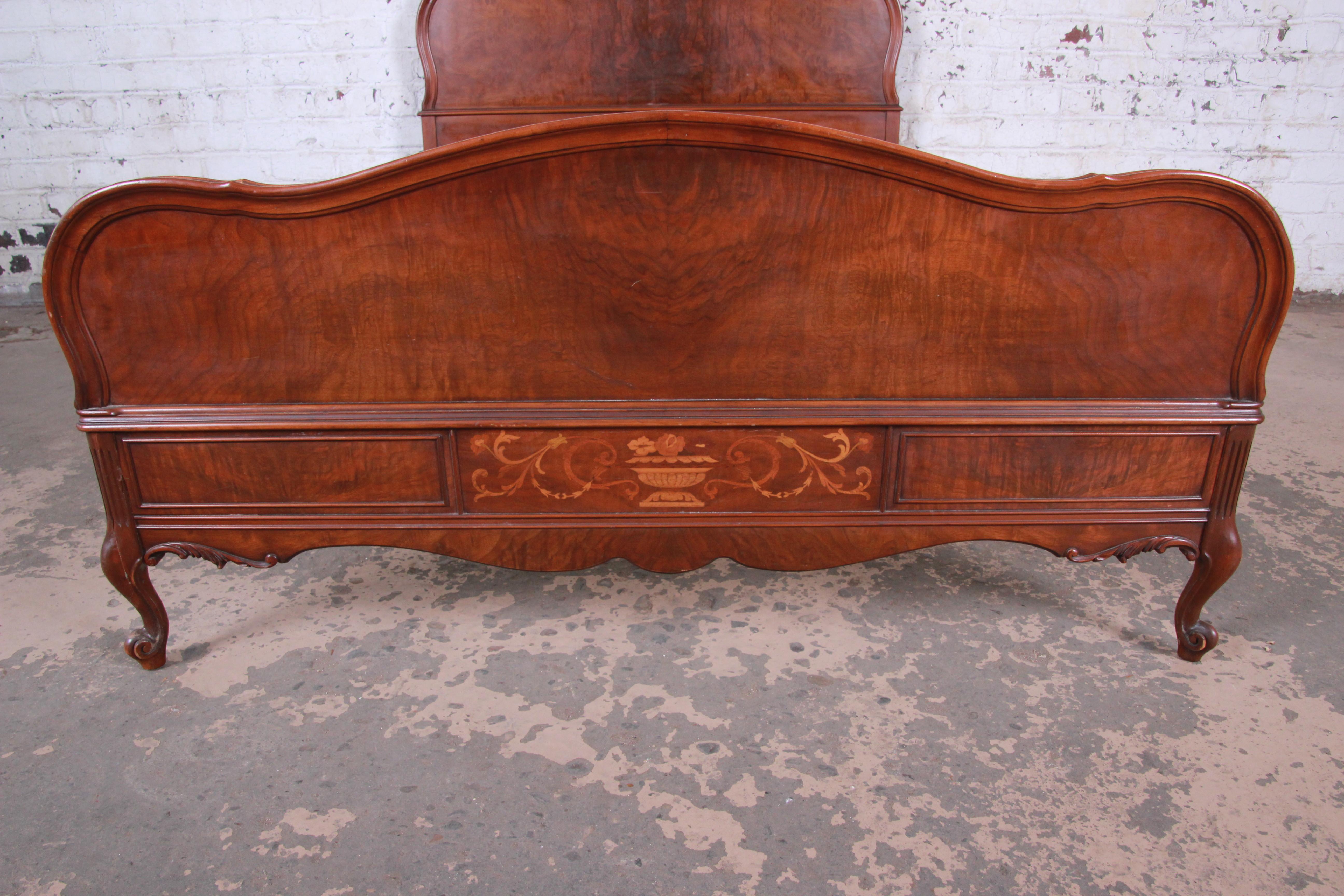 Kent Coffey French Provincial Louis XV Style Inlaid Burled Walnut Full Size Bed 1