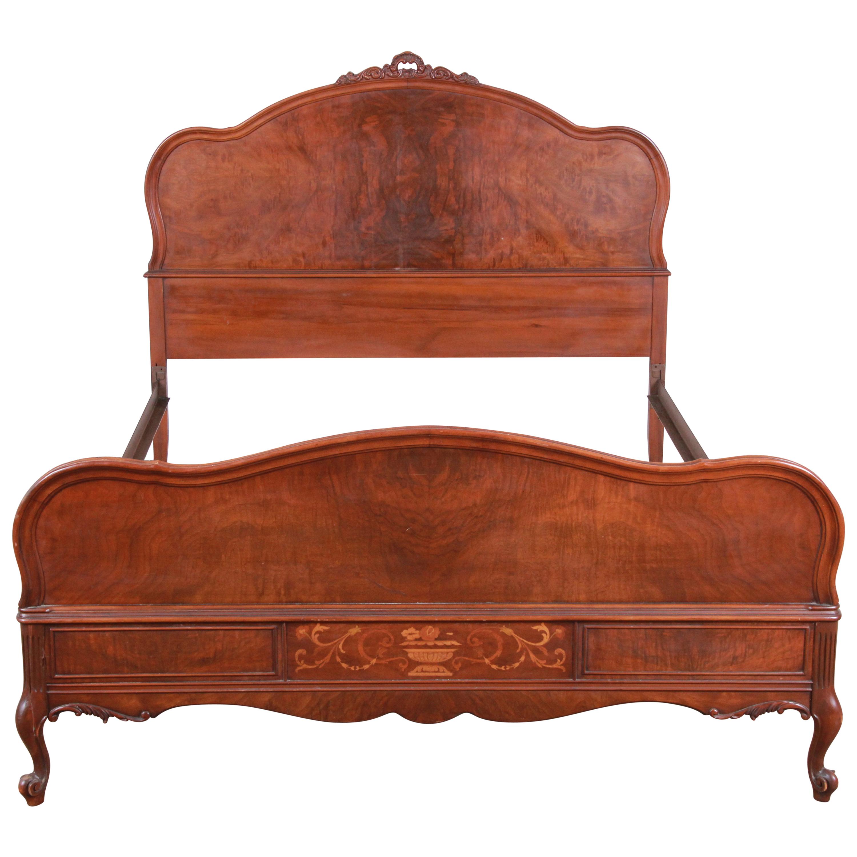 Kent Coffey French Provincial Louis XV Style Inlaid Burled Walnut Full Size Bed