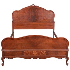 Vintage Kent Coffey French Provincial Louis XV Style Inlaid Burled Walnut Full Size Bed