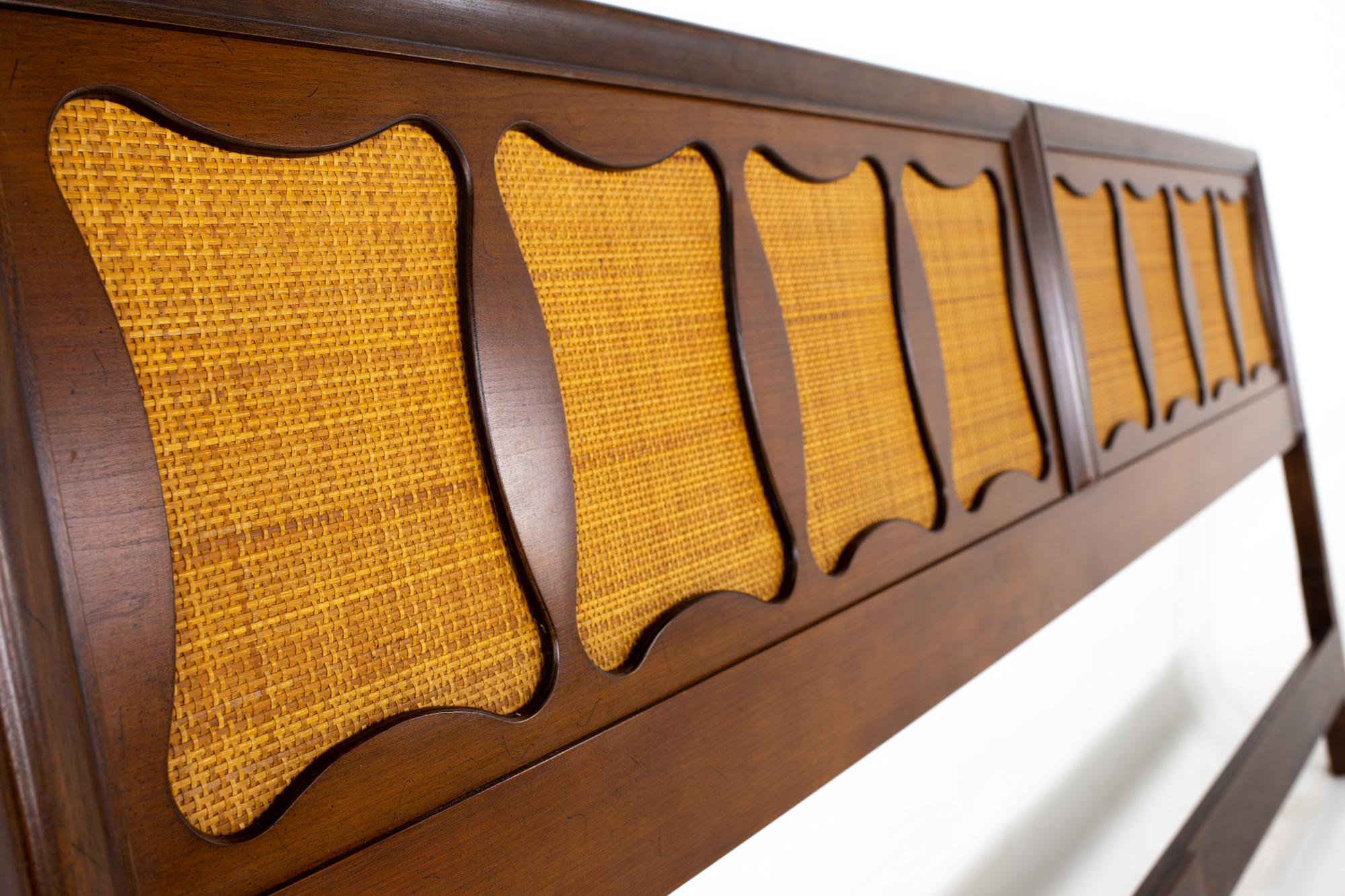 American Kent Coffey Greenbrier Style Mid Century Walnut and Rattan King Headboard