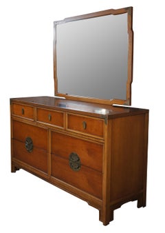 Kent Coffey Lotus Chinoiserie Campaign Cherry Dresser & Mirror Chest of Drawers