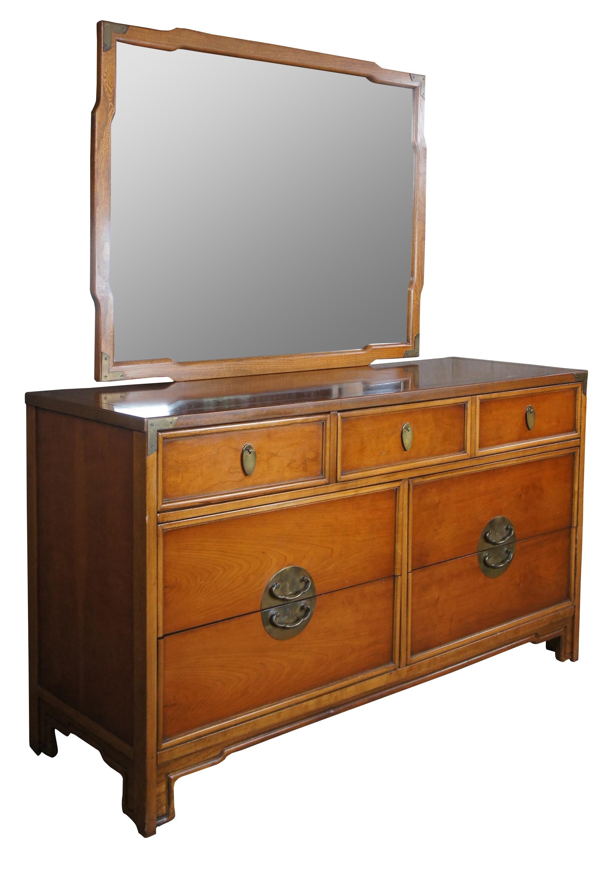 Kent Coffey Lotus Chinoiserie Campaign Cherry Dresser & Mirror Chest of Drawers In Good Condition In Dayton, OH