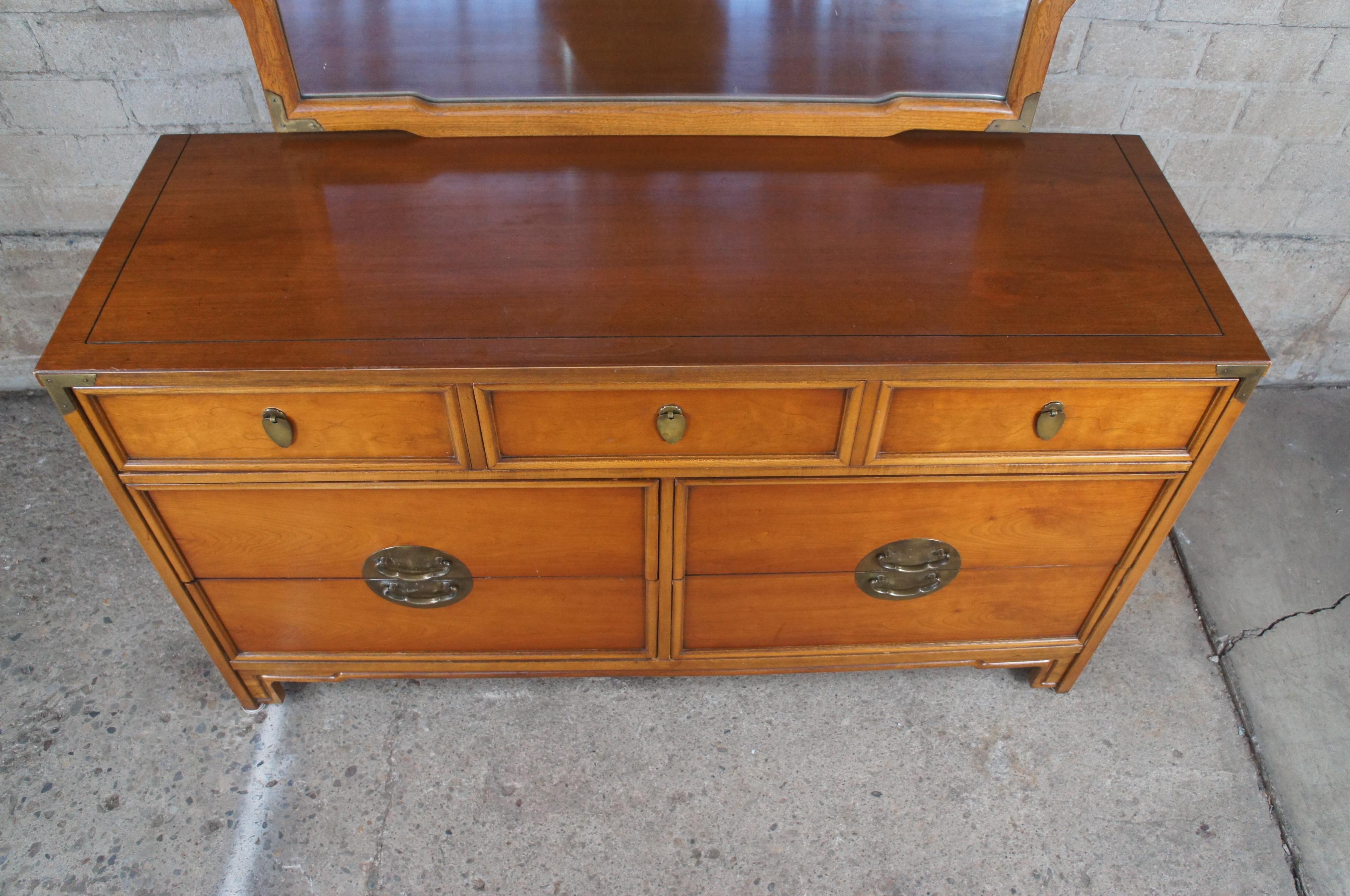 Mid-20th Century Kent Coffey Lotus Chinoiserie Campaign Cherry Dresser & Mirror Chest of Drawers