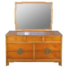 Kent Coffey Lotus Chinoiserie Campaign Cherry Dresser & Mirror Chest of Drawers