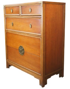 Kent Coffey Lotus Chinoiserie Campaign Cherry Tallboy Dresser Chest of Drawers