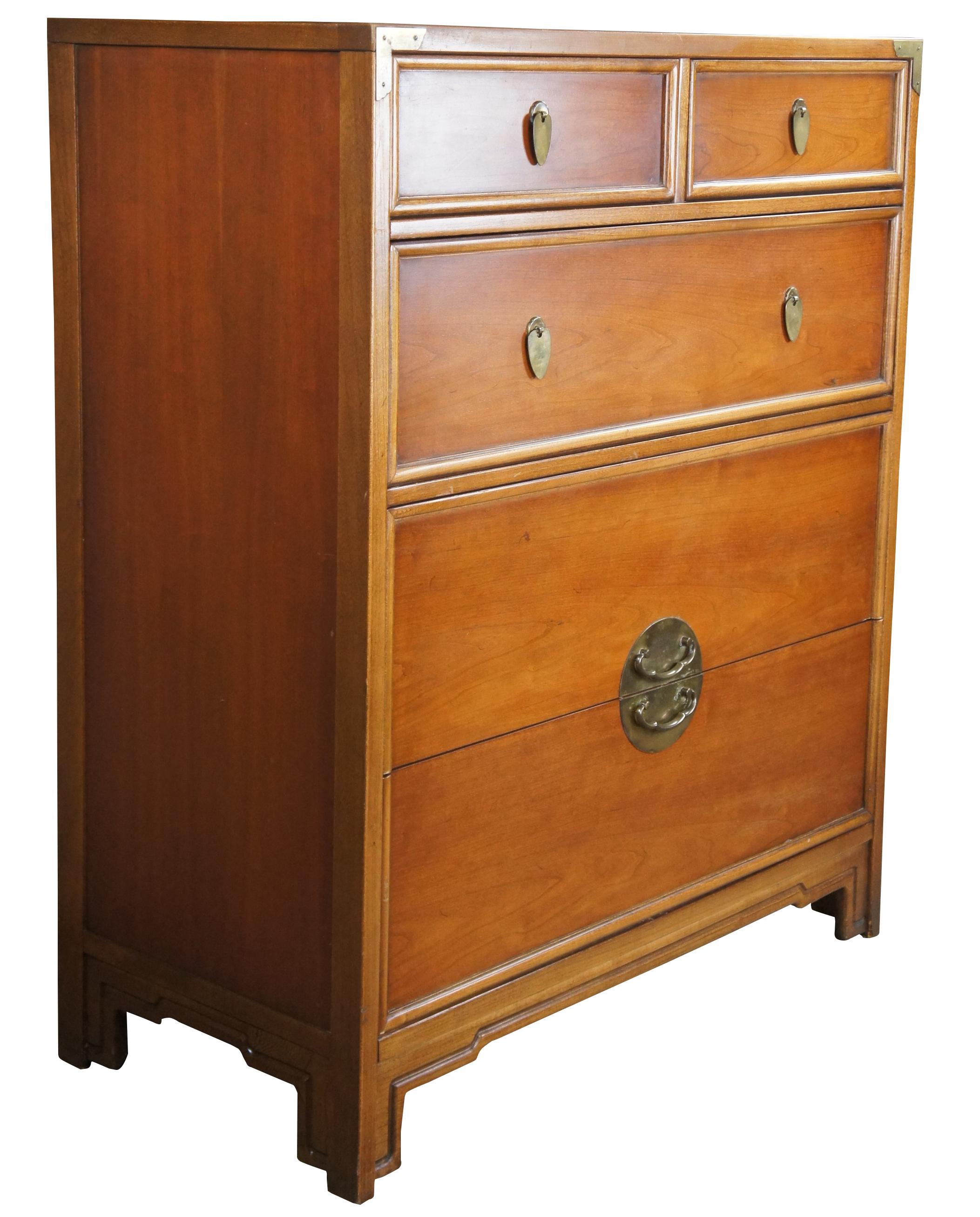 Kent Coffey Lotus Chinoiserie Campaign Cherry Tallboy Dresser Chest of Drawers In Good Condition In Dayton, OH
