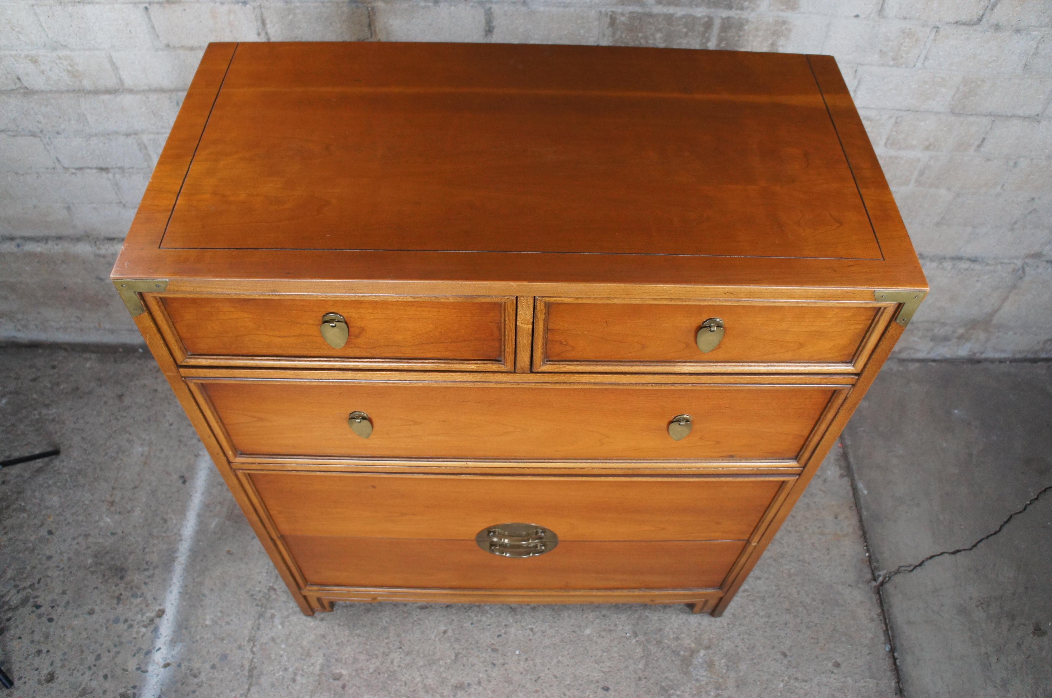 Mid-20th Century Kent Coffey Lotus Chinoiserie Campaign Cherry Tallboy Dresser Chest of Drawers