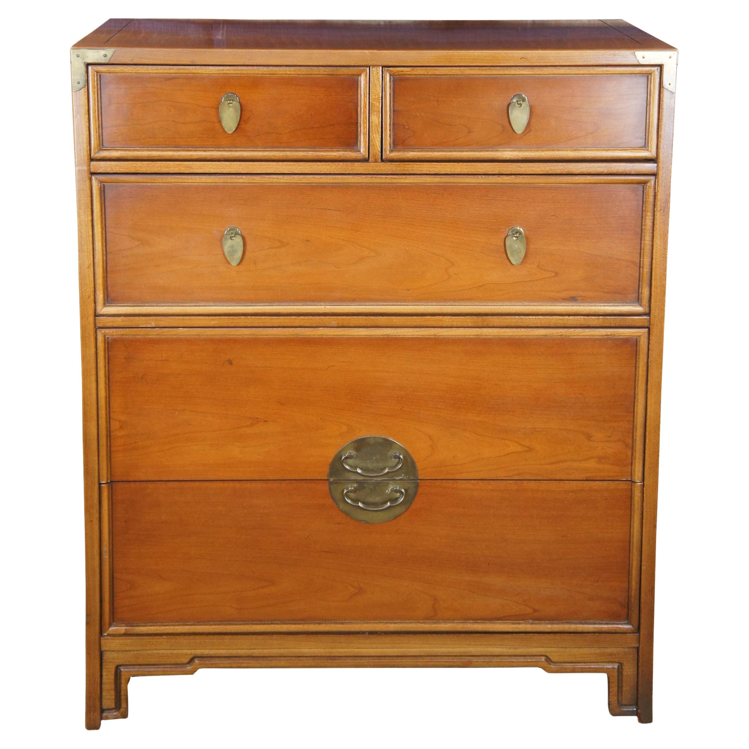 Kent Coffey Lotus Chinoiserie Campaign Cherry Tallboy Dresser Chest of Drawers