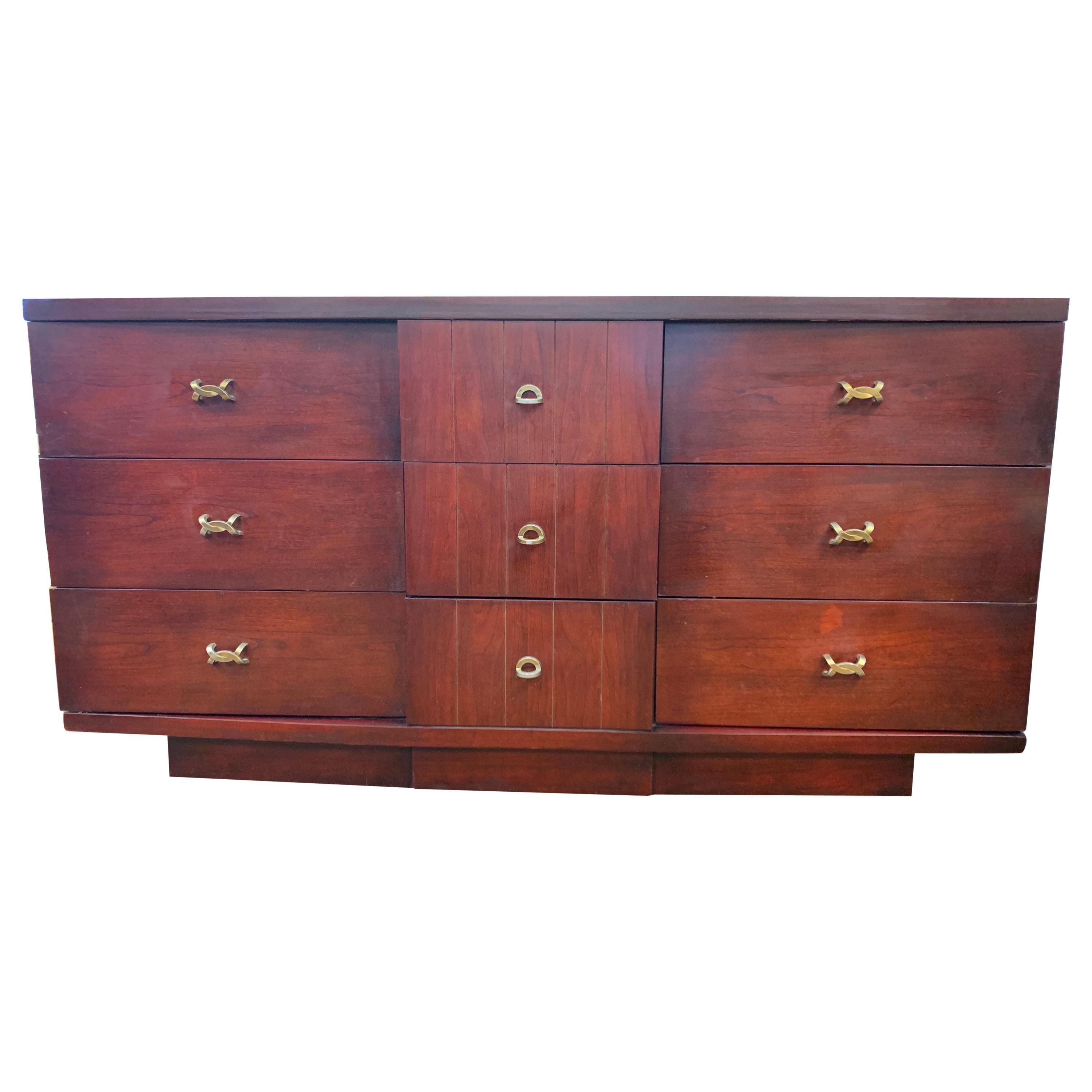 Bow Front Mid-Century Modern Bachelor Four Drawers Chest Dresser Brass ...